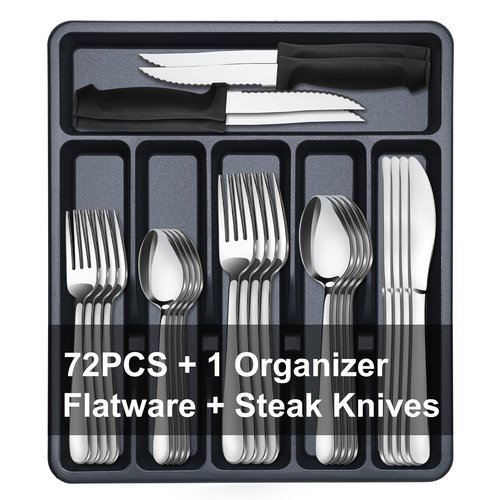 73-Piece Silverware Set with Organizer, Pleafind Stainless Steel Silverware Sets for 12, Cutlery Utensil Sets with Steak Knives, Include Forks Spoons Knives ＆ Silverware Organizer, Dishwasher Safe