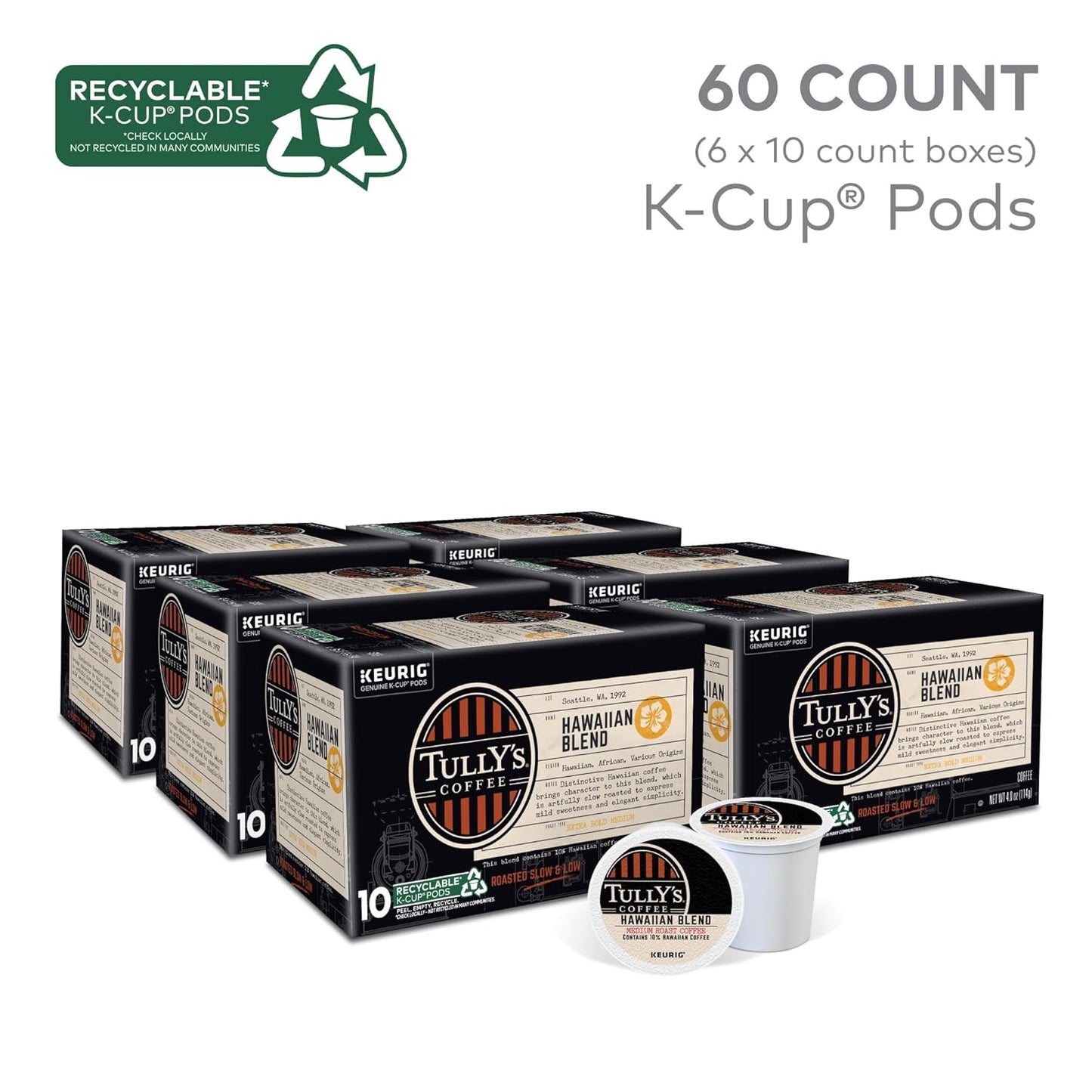 Tully's Coffee Hawaiian Blend K-Cup Pods - Medium Roast, 60 Count (6 Packs of 10)