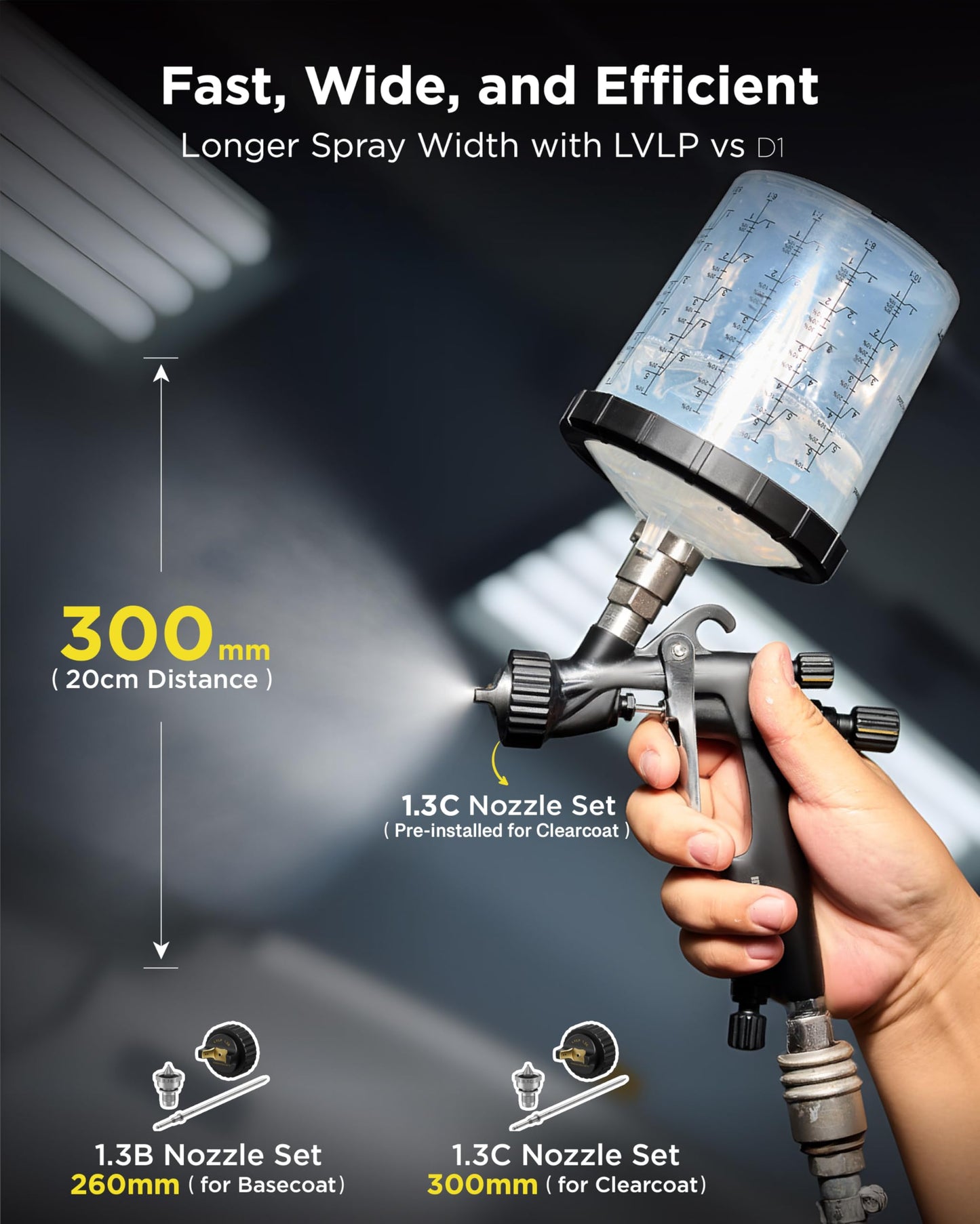 InoKraft Drizzle Pro LVLP Spray Gun, Precise Low-Overspray Performance with Ultra-Light 340g Design. Includes 1.3B/1.3C Nozzles and Accessories, Ideal for Automotive and Industrial Coatings