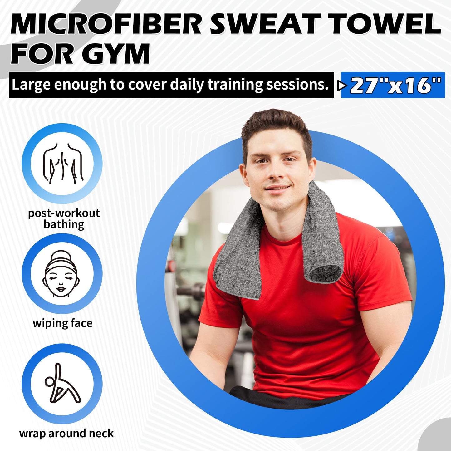 HOMERHYMRE Microfiber Workout Towels, 3 Pack Grey Gym Sweat Sports Towel for Yoga, Tennis, Running, Exercise, Working Out, Camping, Quick Dry, Highly Absorbent, for Women & Men, 16 x 27 Inch
