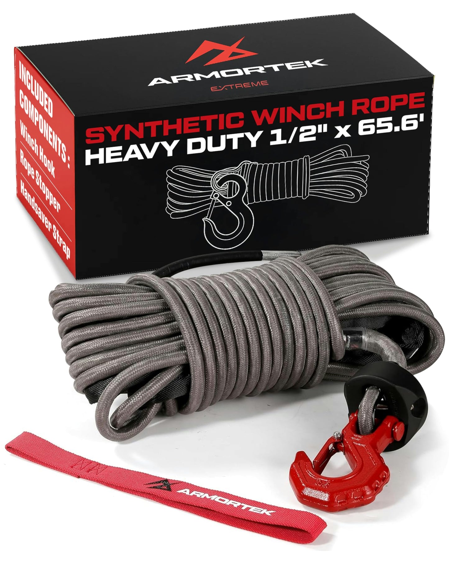 Armortek Extreme Synthetic Winch Rope Heavy Duty Tow, 1/2" x 65.6' Winch Cable, Abrasion Resistance – Ultimate Winch Rope Kit, for Car, Truck