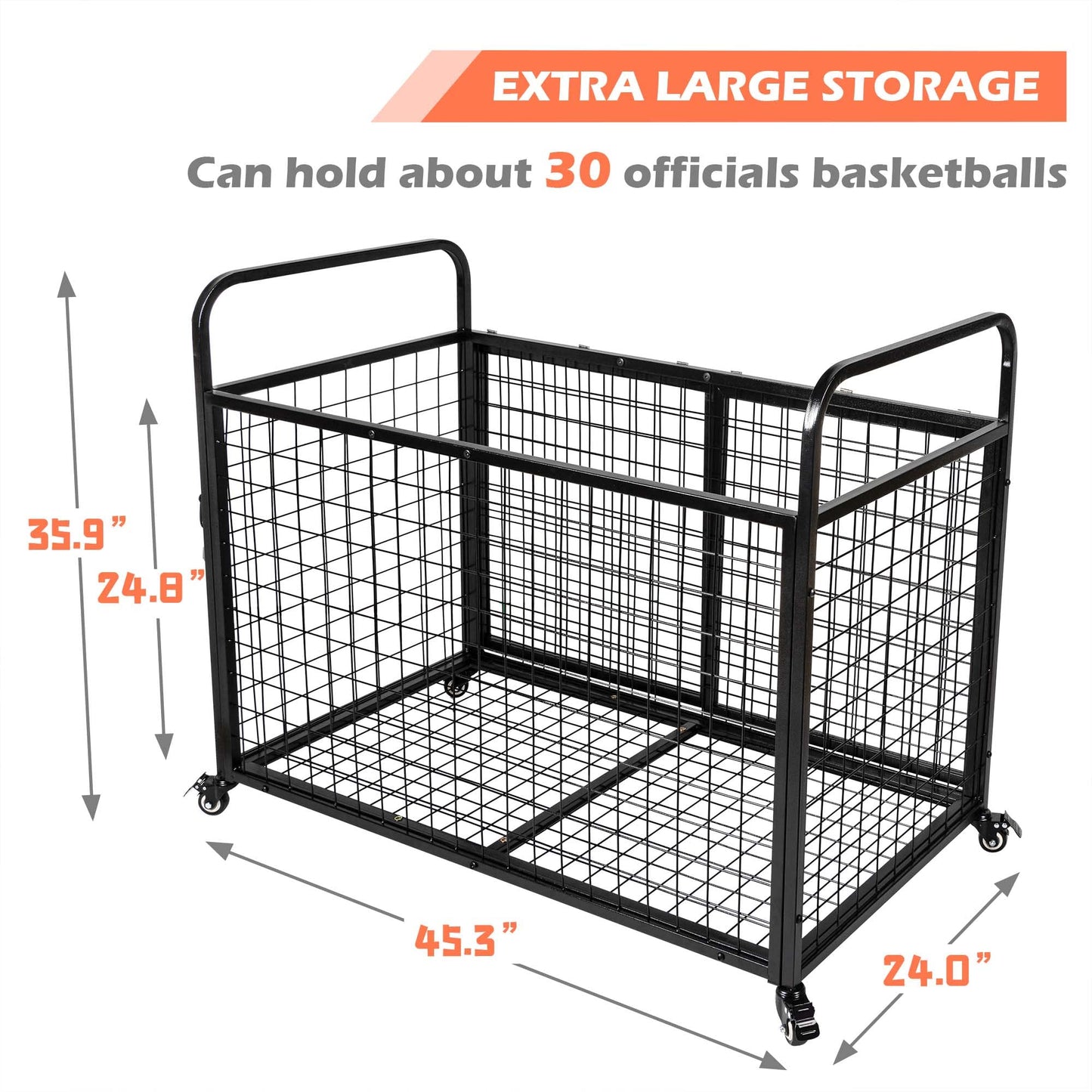 heodmaem Ball Cart Storage for Garage Compatible with Optional Divider, Extra Large Basketball Cage Bin for Indoor Outdoor, Heavy Duty Sports Equipment Organizer with Lockable Wheels for Gym, School