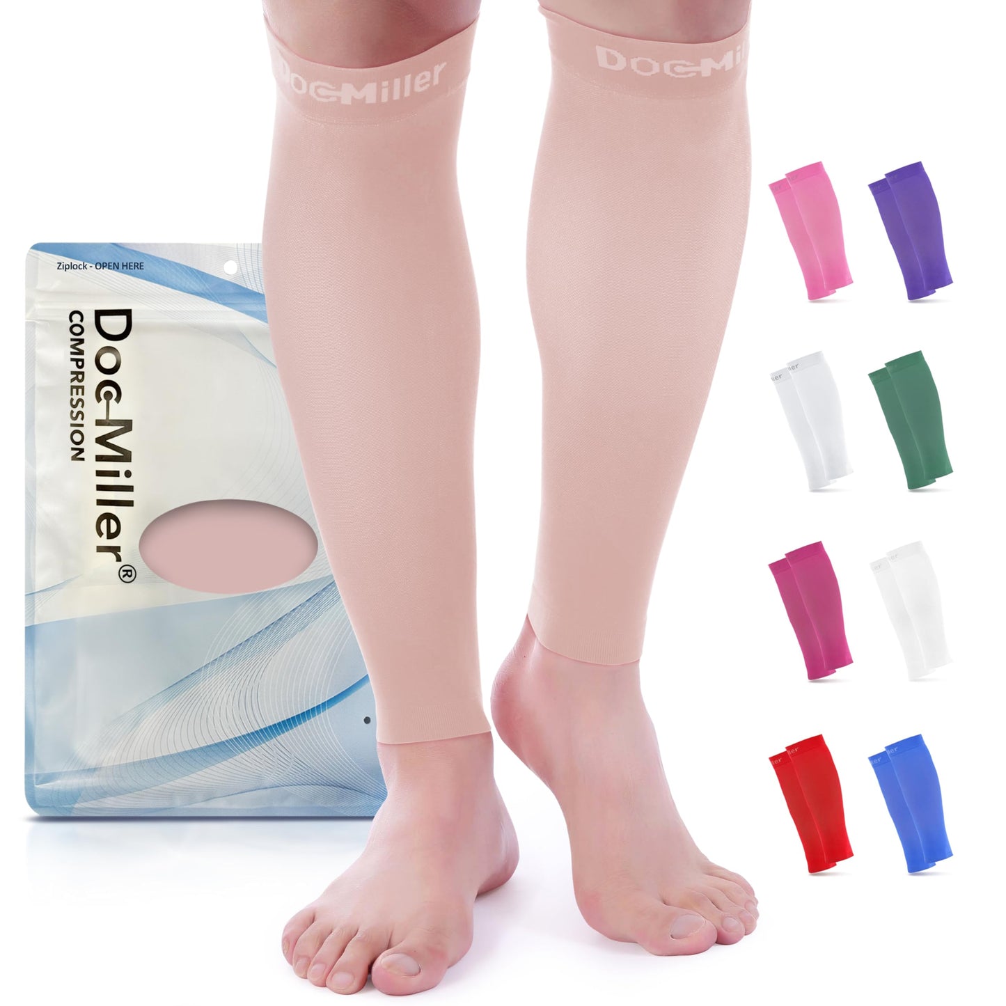 Doc Miller Calf Compression Sleeves for Men & Women, Footless Leg Compression Socks Support for Runners, 15–20mmHg Graduated, Shin Splints, Varicose Veins, Pain Relief & Swelling (1 Pair)