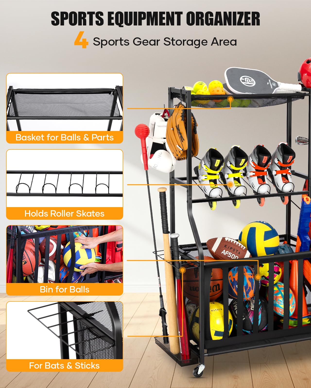 EXTCCT Garage Sports Equipment Organizer with Wheels - Golf Bag Storage Rack and Ball Storage Bins, Heavy Duty Rolling Garage Organizer System with Basket and Hooks for Indoor (Black-Large)