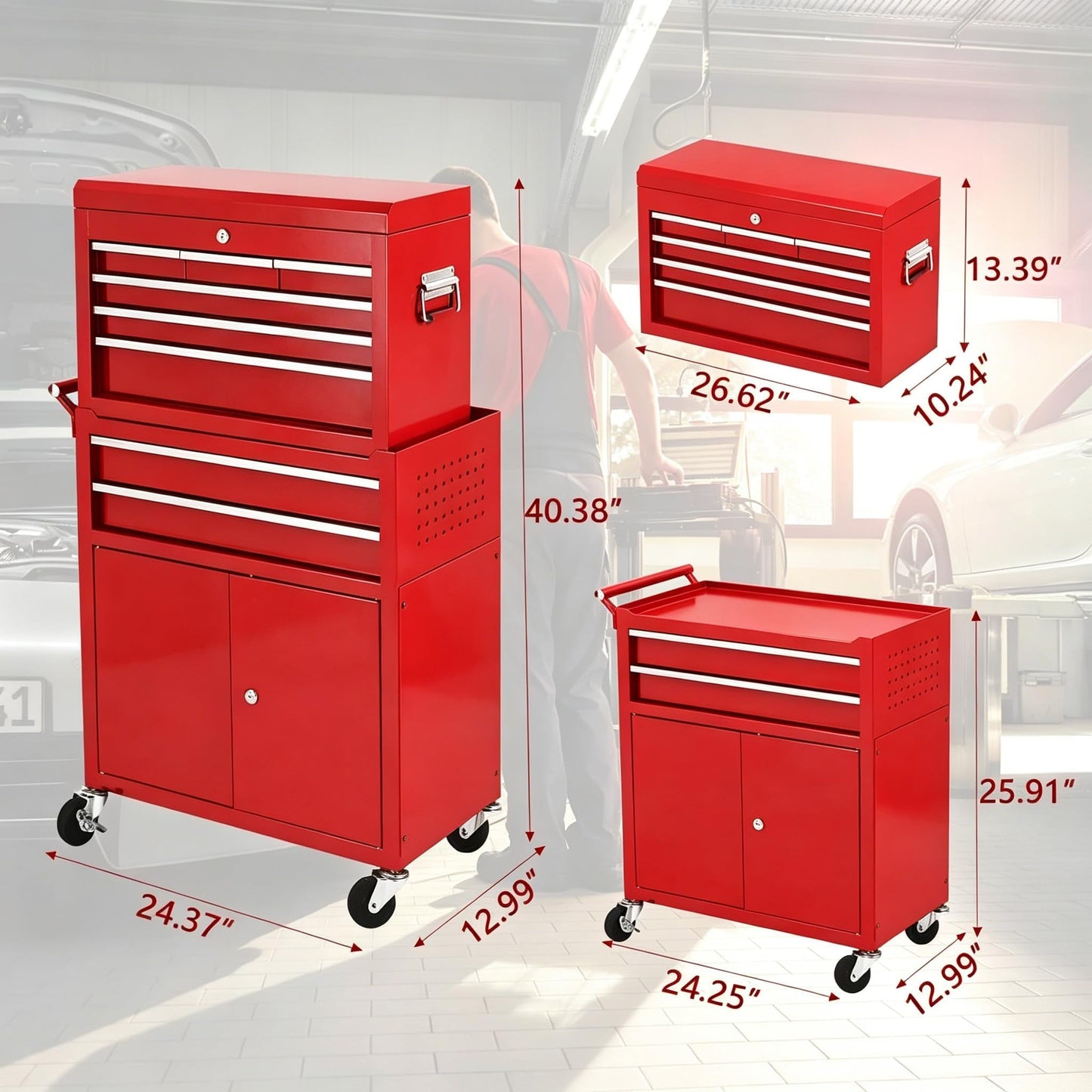 Rolling Tool Chest with Wheels, 24 Inch 8 Drawer 2-in-1 Detachable Tool Box and Cabinet, Lockable Cold Rolled Steel Tool Storage Organizer, Top 6 Drawers Bottom Cabinet 2 Drawers 1 Door, Red