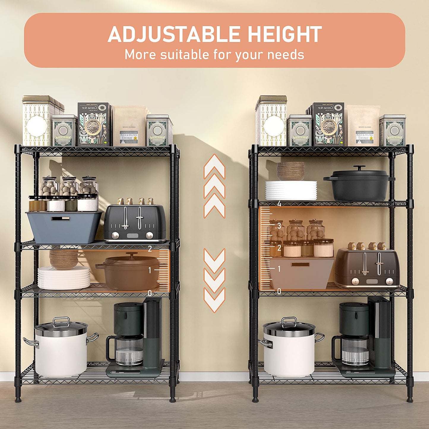 M MZG 1400 lbs 4 Tier Storage Rack Metal Wire Shelving Unit, Storage Standing Household Shelf Organizer for Kitchen Pantry Closet Garage Basement Utility Room, Black 15.8" D x 45.3" W x 59.4" H