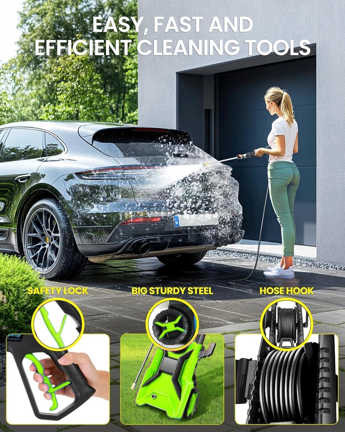 Electric Pressure Washer,5000 PSI 3.9GPM Adjustable Pressure,Power Washer Electric Powered with Foam Cannon,4 Nozzle,33FT Hose and Soap Bottle for Home/Cars/Fences (Green)