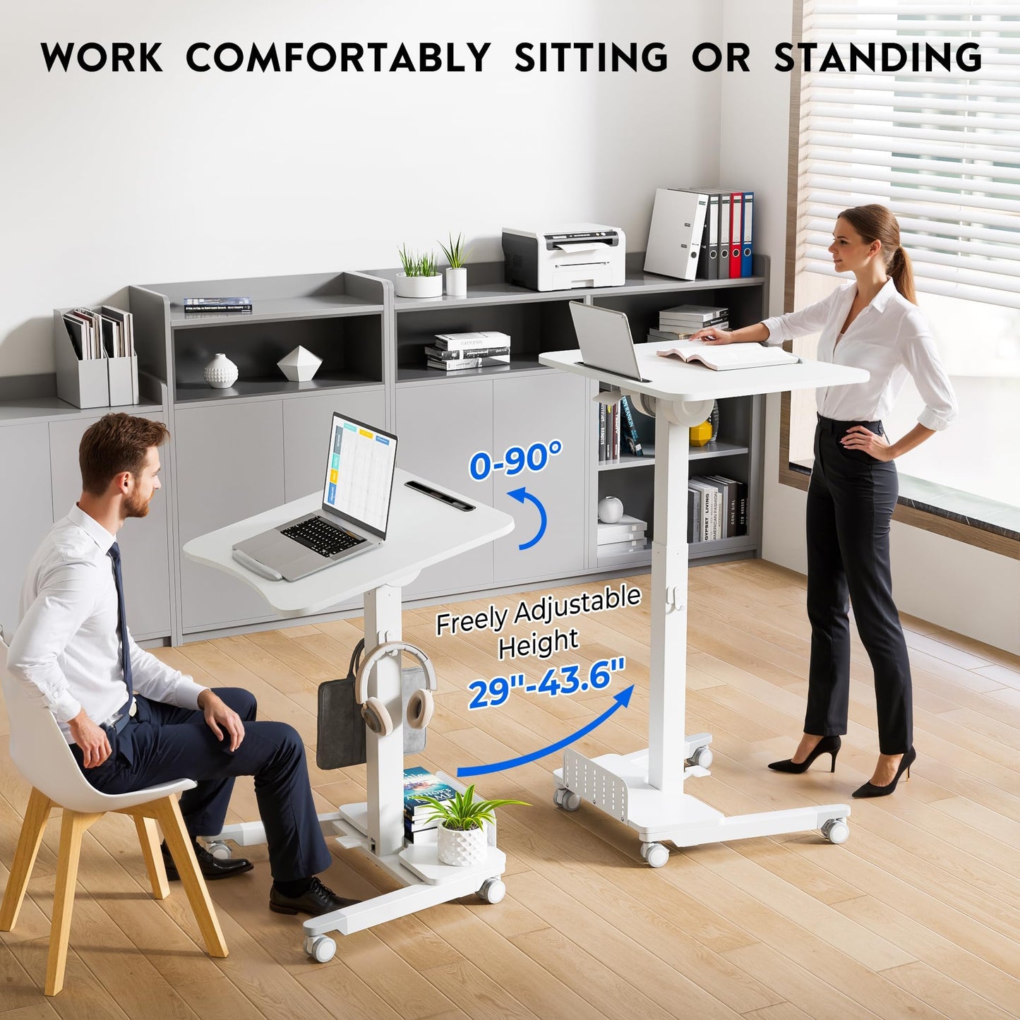 BONTEC Mobile Standing Desk Adjustable Height, Rolling Laptop Cart with Storage Shelf, Hooks, Portable Workstation with Pneumatic Lift, Ergonomic Compact Home Office Desk, White 23.6" x 20.5"