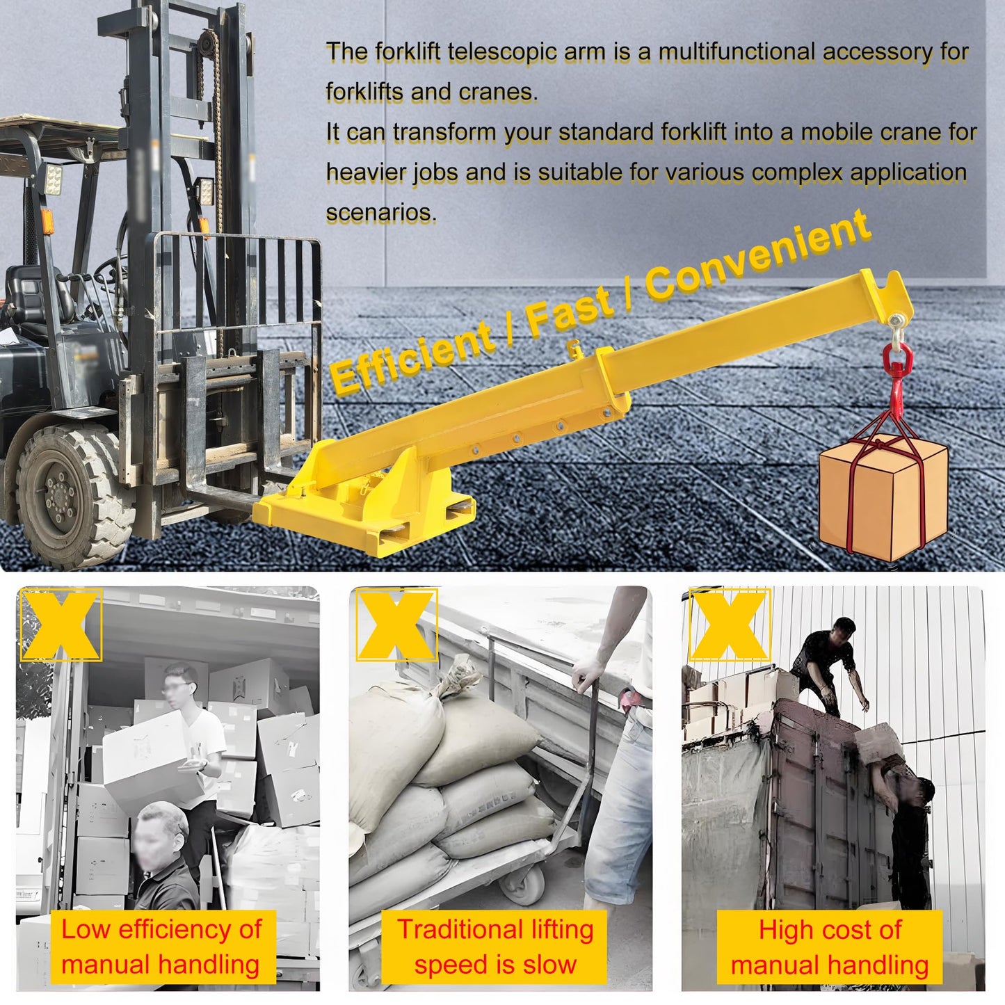 HayWHNKN Forklift Jib Boom Forklift Mobile Crane, 5T / 11000LB Telescopic Crane Attachment with Hook, Max Length 96.5'' Mobile Lifting Hoist Towing Handling for Warehouse & Construction Material