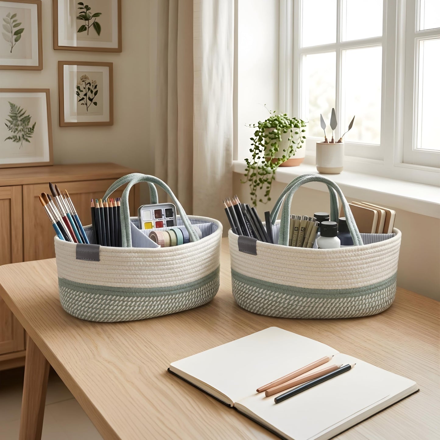 DECOMOMO XL Baby Caddy Organizer, Diaper Caddy Basket, Baskets for Baby Shower Gifts (Sage Green & White, Extra Large)