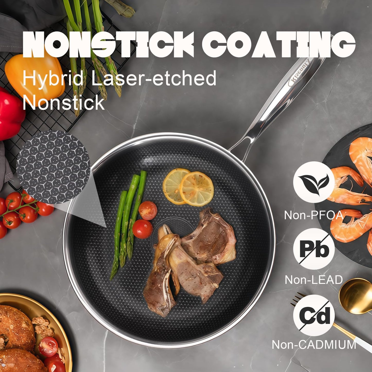 RisenutX Hybrid 8 inch Stainless Steel Non Stick Skillet,Frying Pans Nonstick, PFOA Free Cookware, Dishwasher and Oven Safe, Induction Compatible