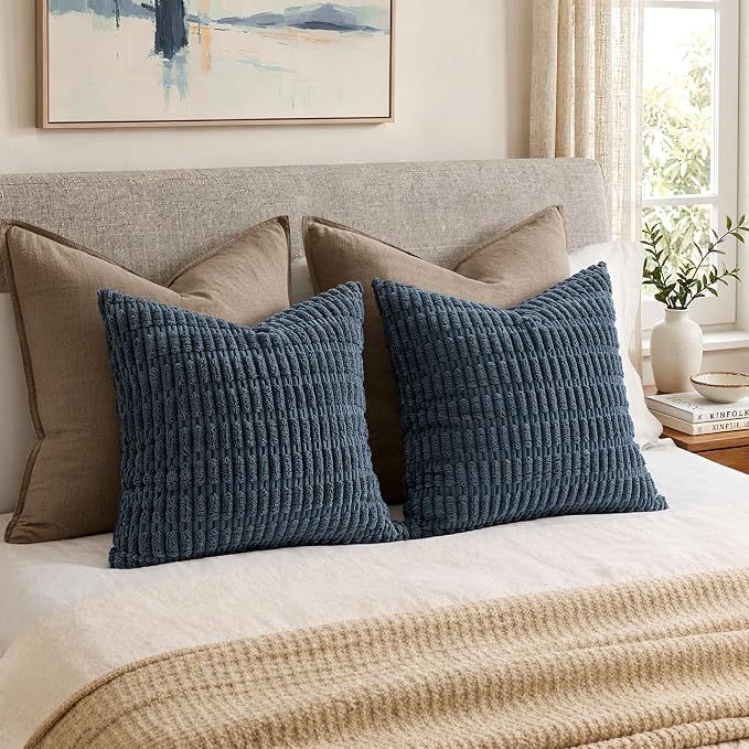 MIULEE Pack of 2 Corduroy Decorative Throw Pillow Covers 20x20 Inch Soft Boho Striped Pillow Covers Modern Farmhouse Home Decor for Summer Coastal Sofa Living Room Couch Bed Blue