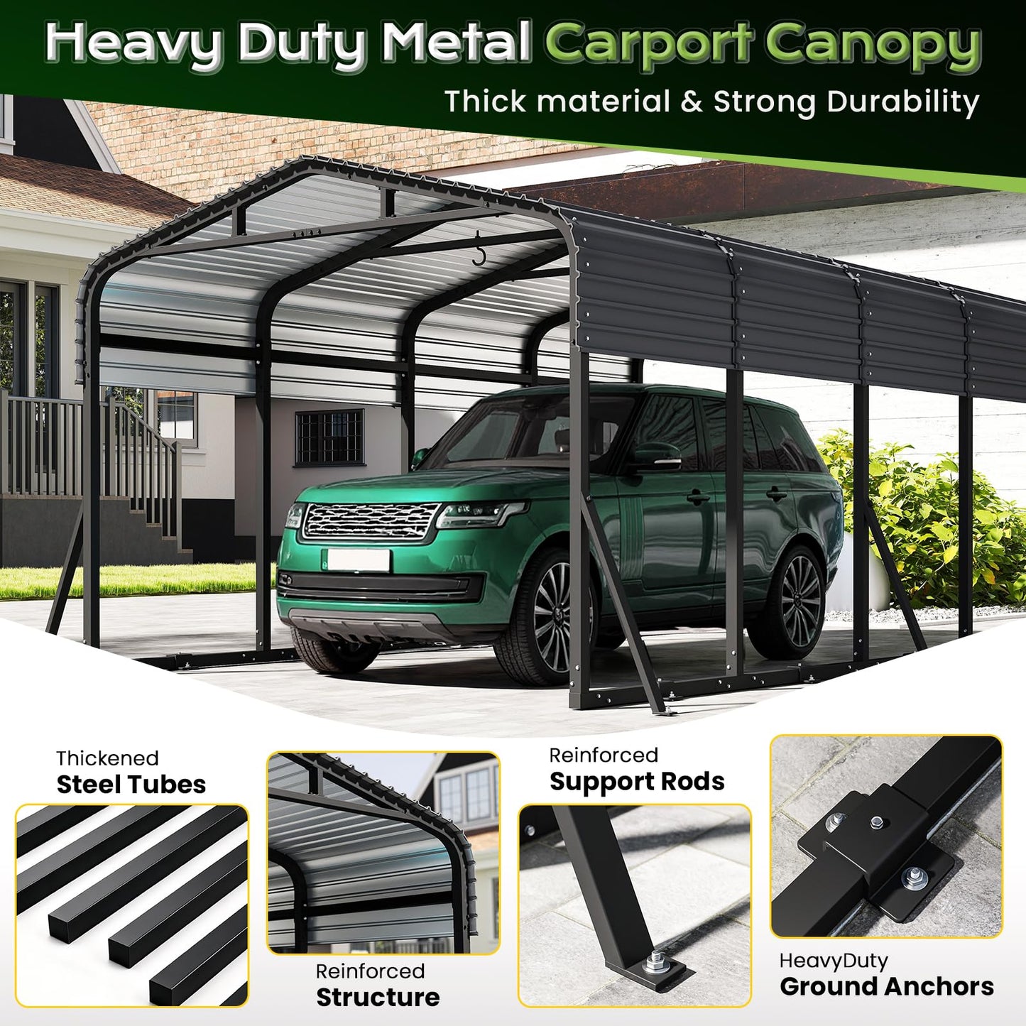 Jocoevol 12x20FT Metal Carport, Heavy Duty Car Garage w/Reinforced Support Rods and Windproof Ground Anchors, All-Weather Multi-Use Outdoor Shelter for Car, Boats and Truck