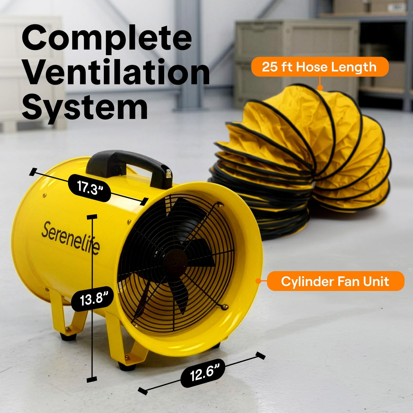 SereneLife Heavy Duty Cylinder Fan 12 inch,Blower Fan with 3200 CFM Airflow, 25ft PVC Ducting, Industrial Exhaust for Warehouses, Workshops, Crawl Spaces, & Basements, Smoke & Odor Removal