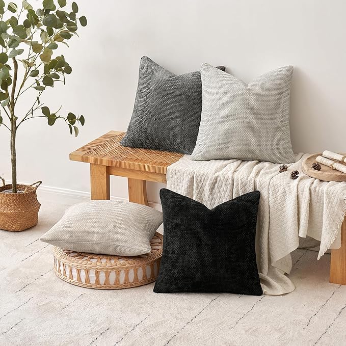 MIULEE Pack of 4 Halloween Couch Throw Pillow Covers 16x16 Inch Neutral Cream/Grey Soft Decorative Chenille Pillow Covers Farmhouse Accent Cushion Covers for Boho Home Decor Sofa Bedroom Living Room