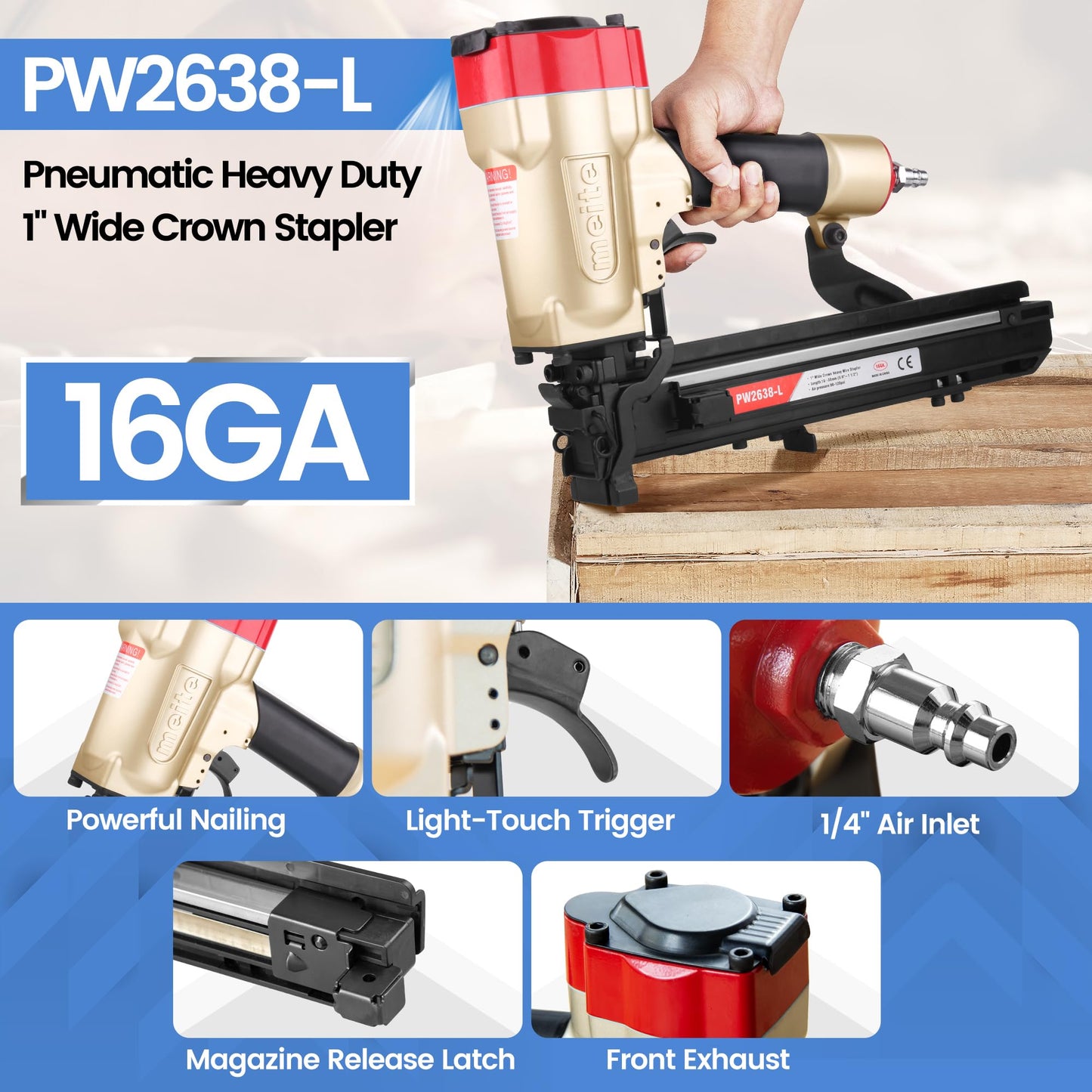 meite 16 Gauge 1-Inch Wide Crown Stapler, Pneumatic Heavy Duty Staple Gun for Roofing & Lathing, Tool-Free Jam Release & Visible Mag, Accepts 5/8"- 1-1/2" P-Type Staples PW2638-L