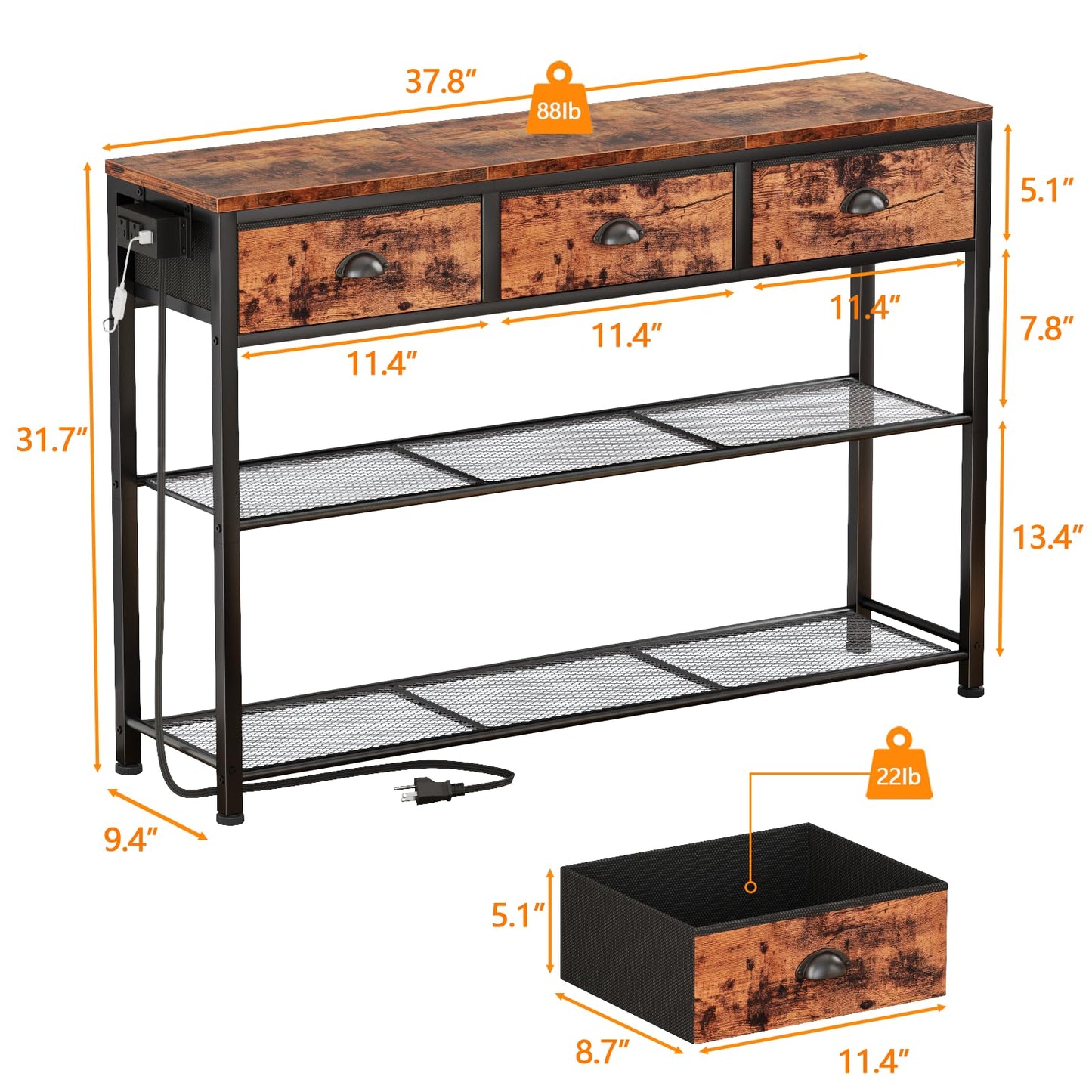 Furologee 5 Tier Bookshelf with Drawer & Console Table with Charging Station, 3 Drawers and LED Light