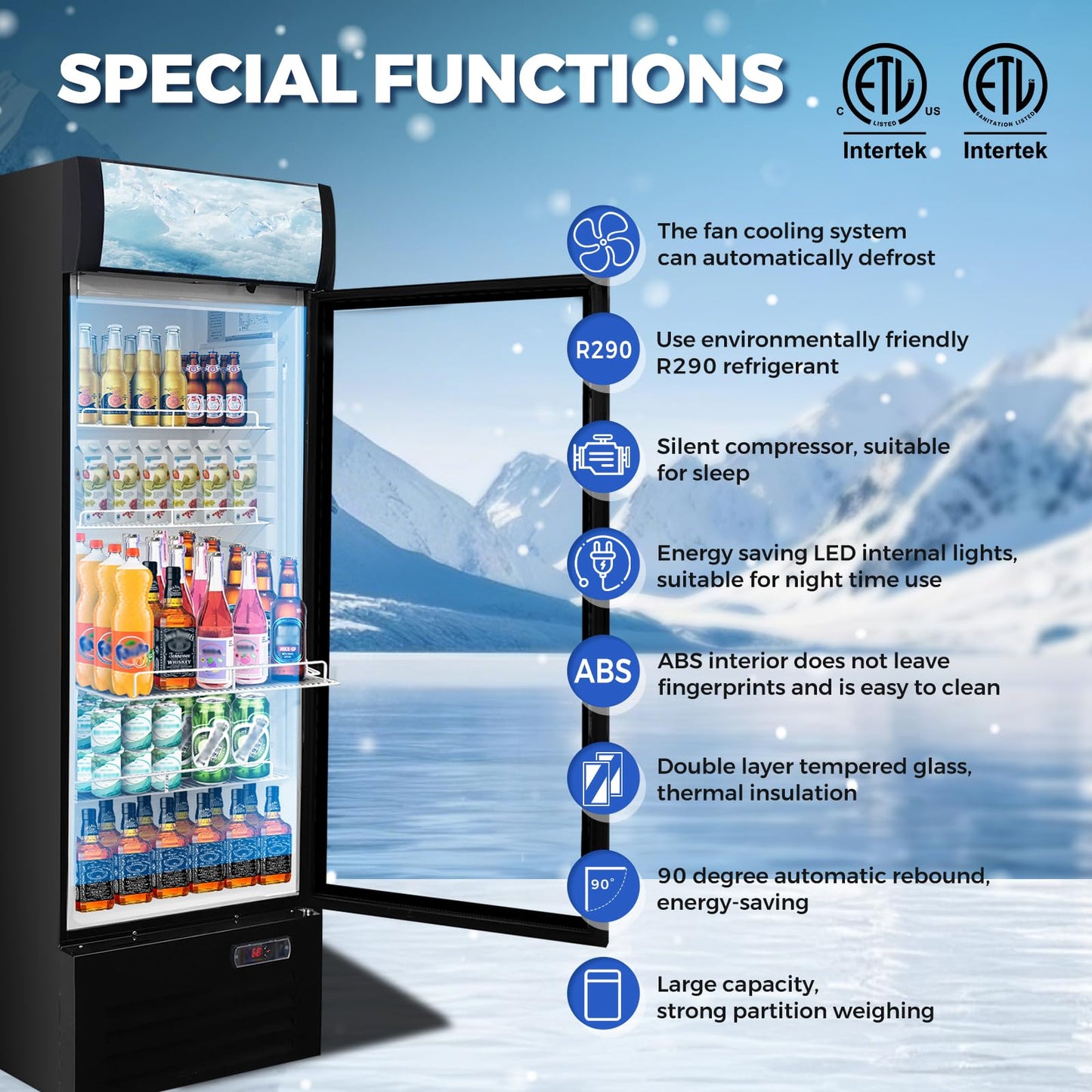 Bluelinecool 12.5 Cu Ft Commercial Beverage Refrigerator with 1 Glass Doors - Upright Drink Cooler Merchandiser with LED Light Display, 4 Adjustable Shelves, Black, ETL Approved for Business & Retail