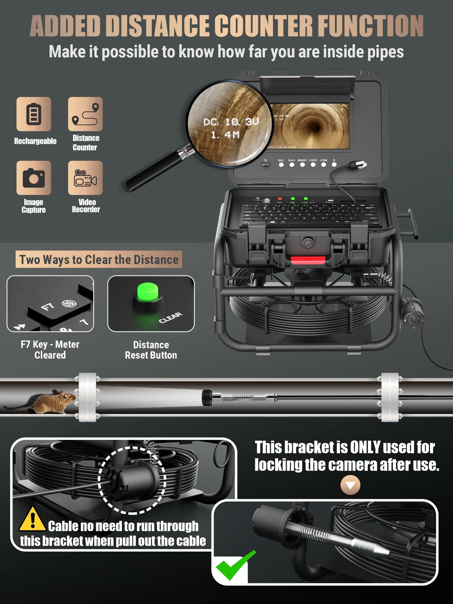 Anysun All-in-1 Sewer Camera - 512Hz, Distance Counter, Self-Leveling, 1-Touch Video/Audio, 165Ft Pipe Inspection Camera with 9" 1080P Screen, IP68 Industrial Borescope, 16GB