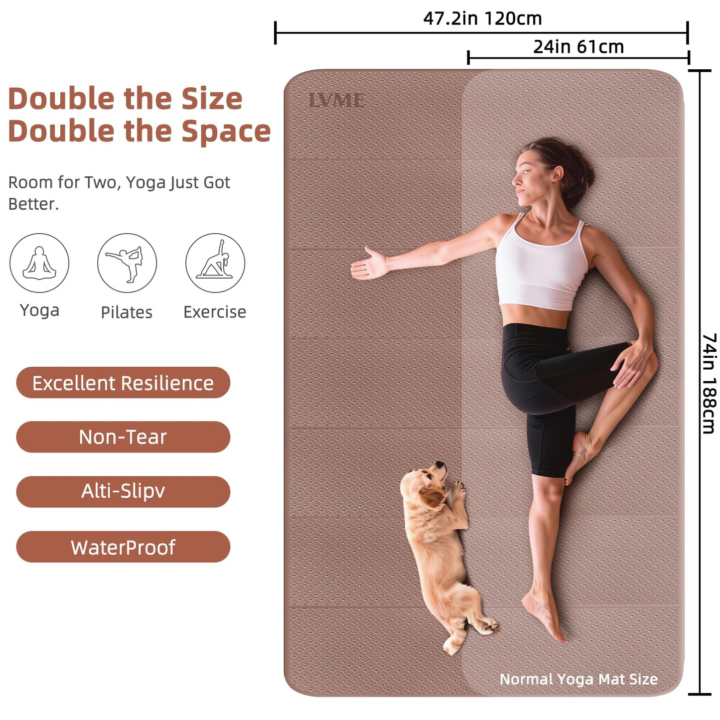 Large Yoga Mat, 75"x48" Extra Wide & Long Yoga Mat, 0.4" Thick Folding Exercise Mat, 2-Person Workout Mat for Home Gym, Extra Large Non-Slip Fitness Mat for HIIT, Yoga, Stretching, Portable Design for Easy Storage (Brown+Apricot)