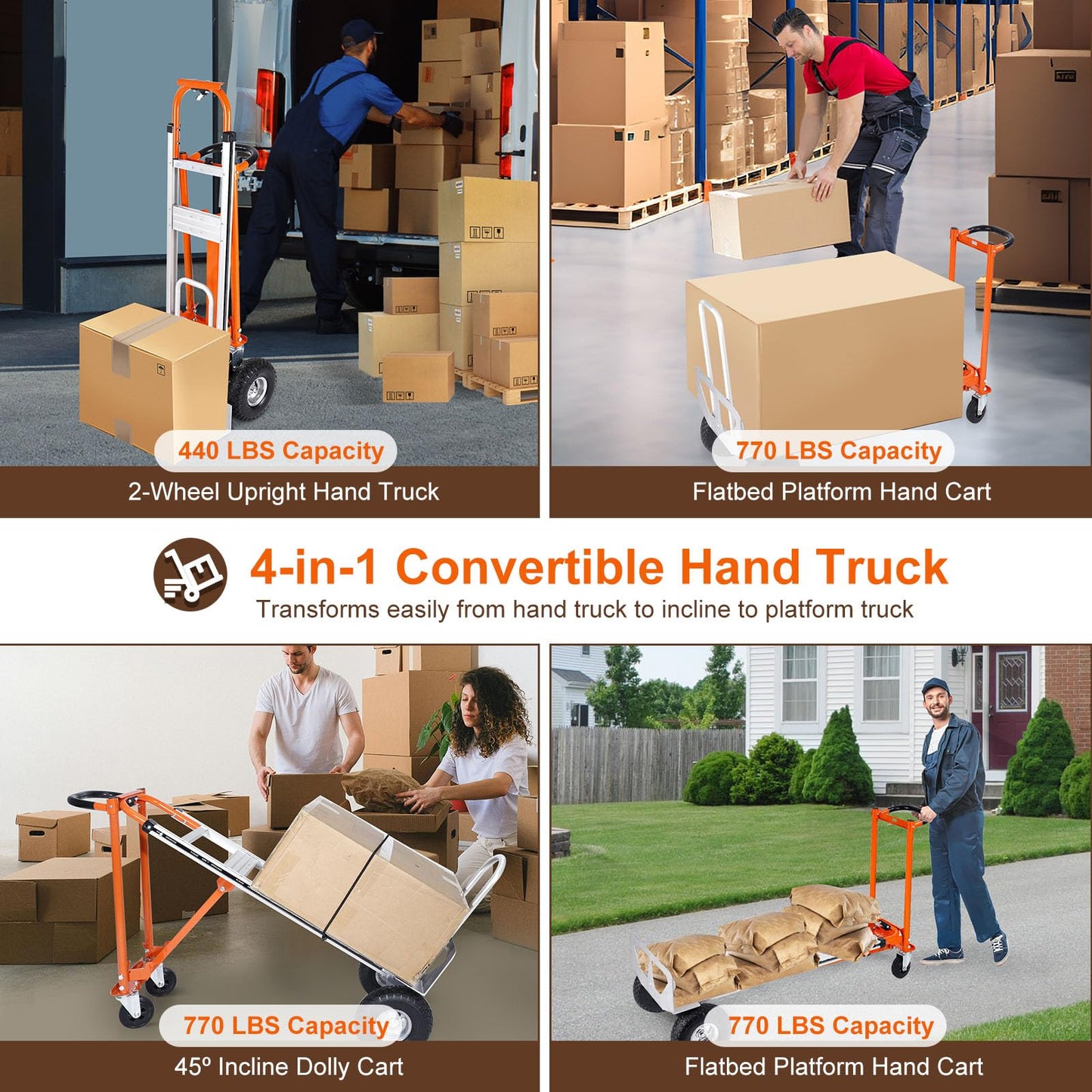 EASYBERG 4-in-1 Heavy Duty Convertible Hand Truck, 770 lbs Capacity Aluminum Folding Hand Truck Dolly Cart with 10" Rubber Wheels, Adjustable for Home, Office, Warehouse, Moving