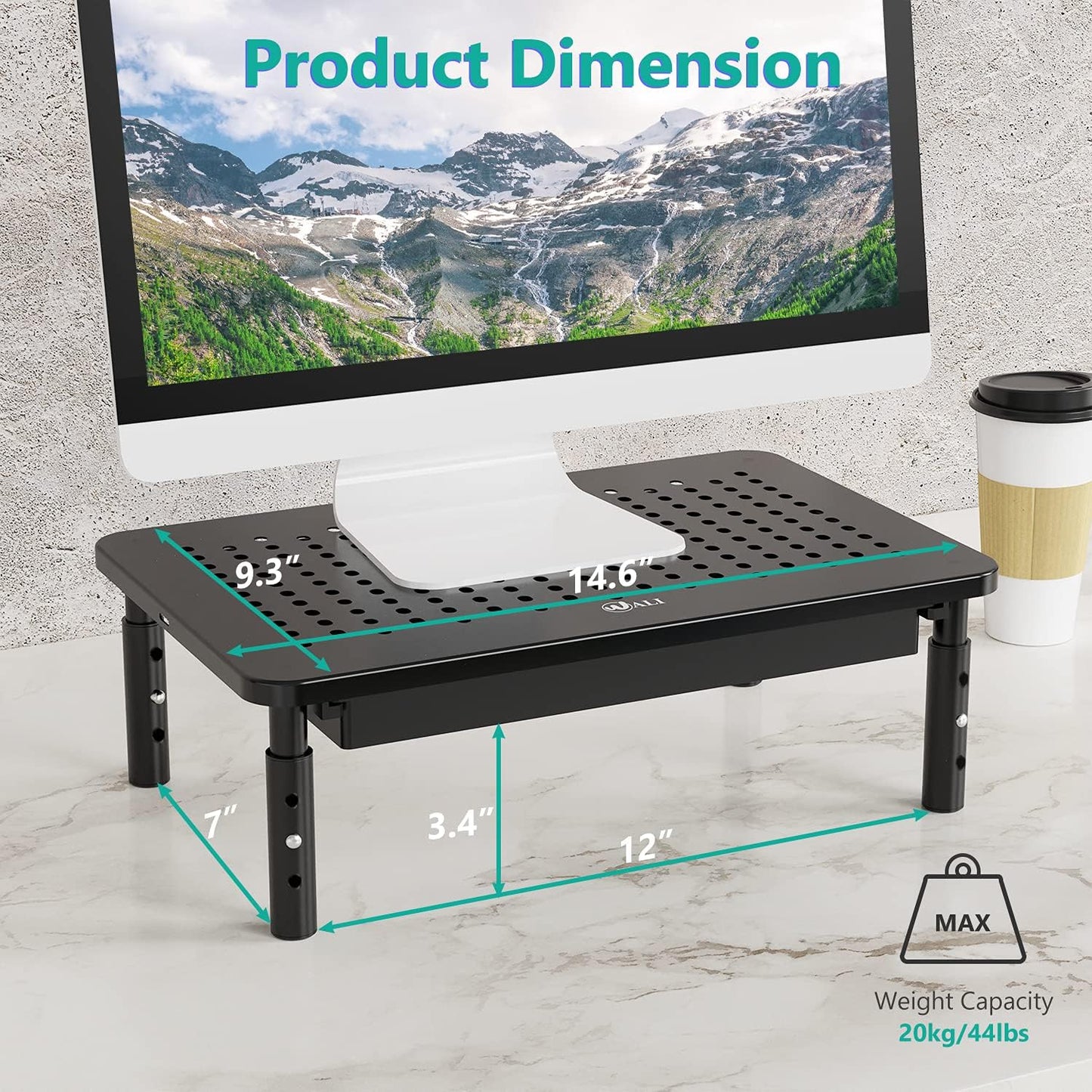 3 (STT003D-B), 1 Pack, WALI Computer Monitor Stand with Storage, Desk Monitor Riser Height Adjustable, Laptop Riser