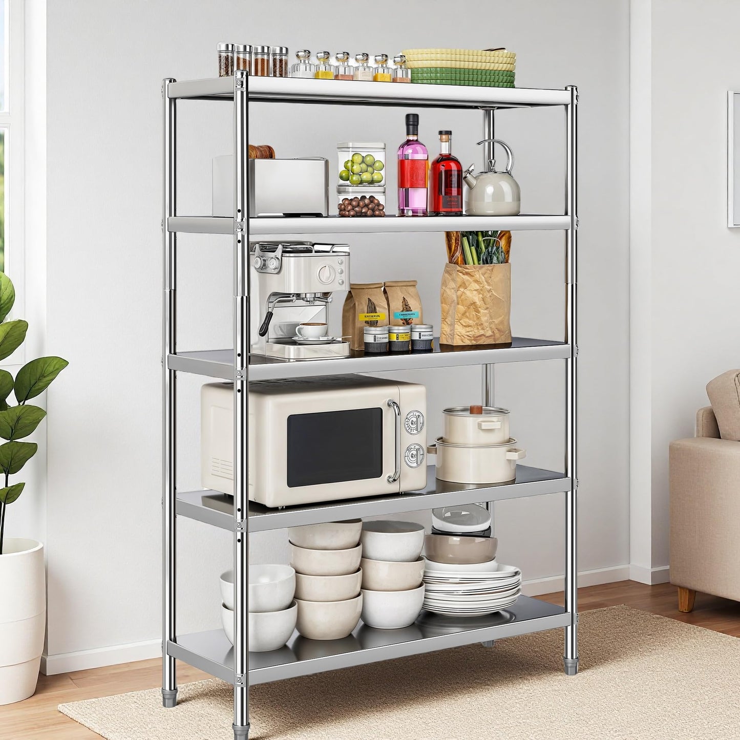 YITAHOME 5 Tier Stainless Steel Shelves 48x18x72in, NSF Metal Adjustable Shelves Unit for Kitchen, Commercial Office, Garage, Warehouse Storage, 330lb Capacity per Shelf