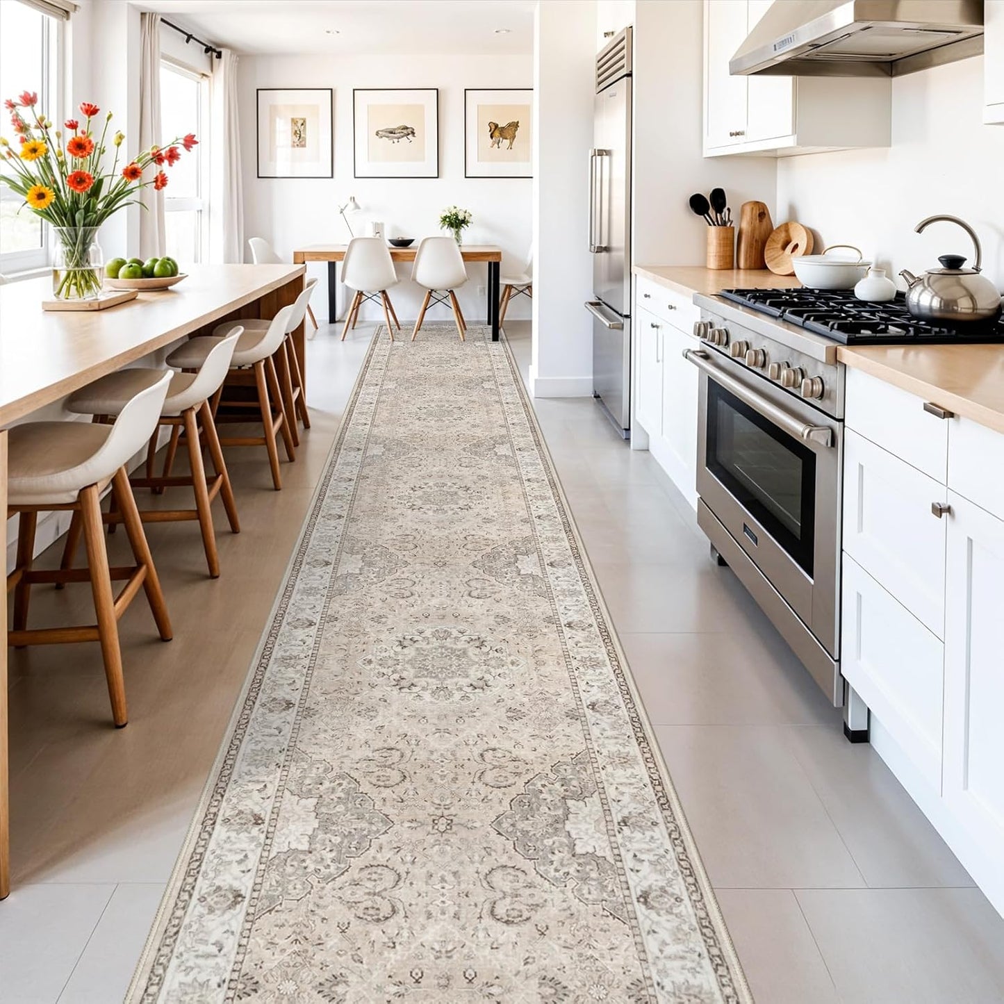 Skiennix Vintage Washable Runner Rug - Ultra Soft Non-Slip Design for Indoor Use | 3x18 Feet, Beige
