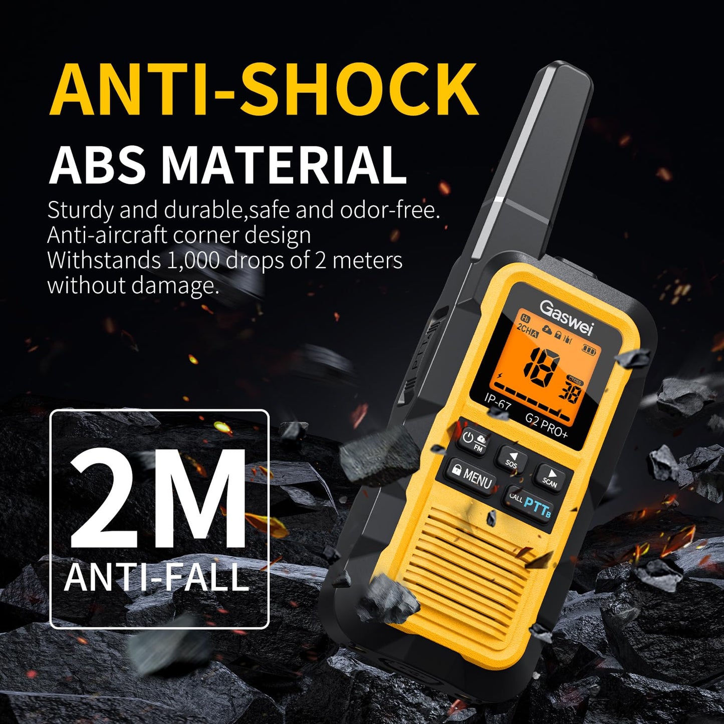 Gaswei G2Pro+ Heavy-Duty Walkie Talkies IP67 Waterproof Two-Way Radios with NOAA Weather Alert & Floating | 2-Watt Long Range for Job Sites, Hunting | Dual PTT, FM Radio, SOS, VOX（4pack）