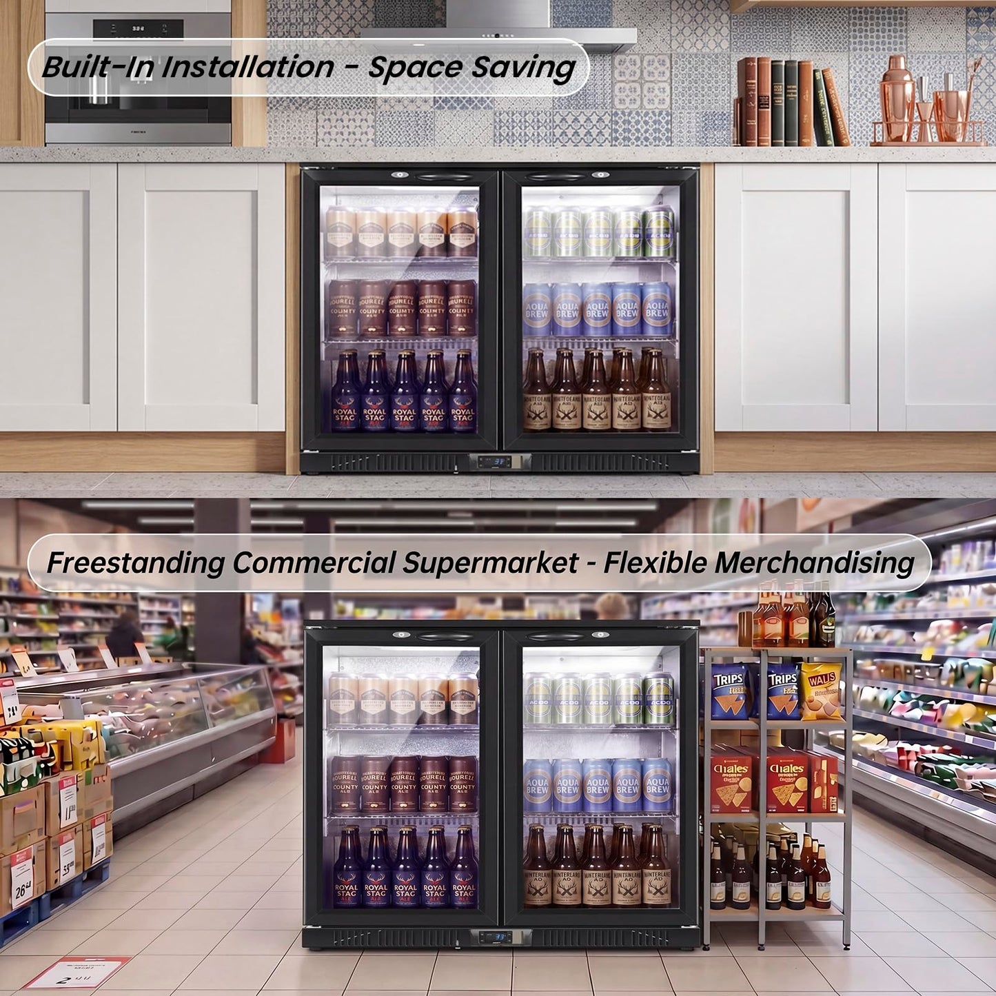 35.42" W Commercial Under Counter Beverage Refrigerator, 2 Glass Door Back Bar Cooler, Built-in/Freestanding 7.4Cuft Drink Fridge with LED Light, Auto Defrost, Low-E Glass & Safety Lock, Rebound door