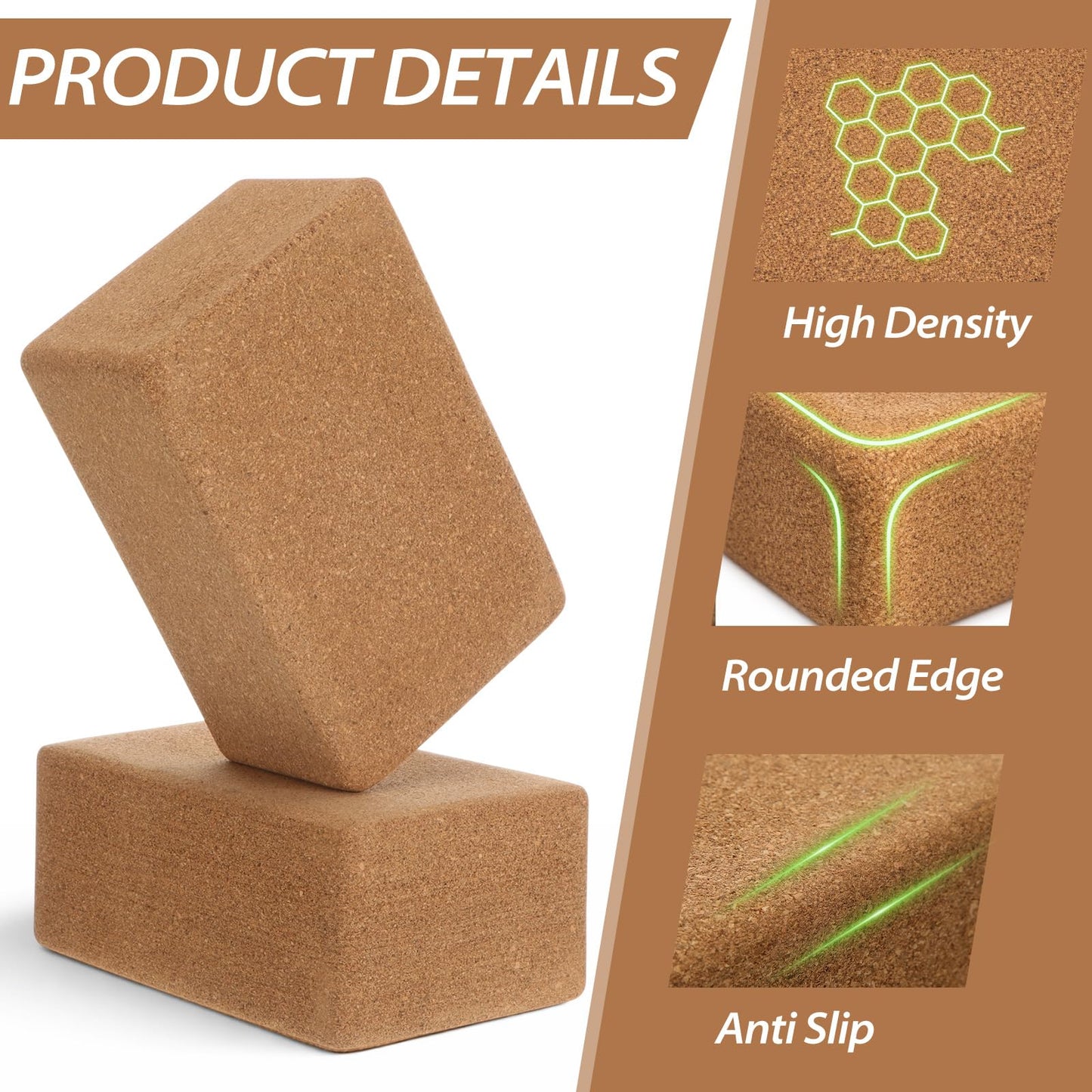 Leitee 6 Pcs Cork Yoga Blocks with Straps 9 x 6 x 4 Inch Cork Yoga Brick 8.2 FT Strap Non Slip High Density Bricks Exercise Blocks for Physical Stretching Flexibility Balance Fitness Pilates