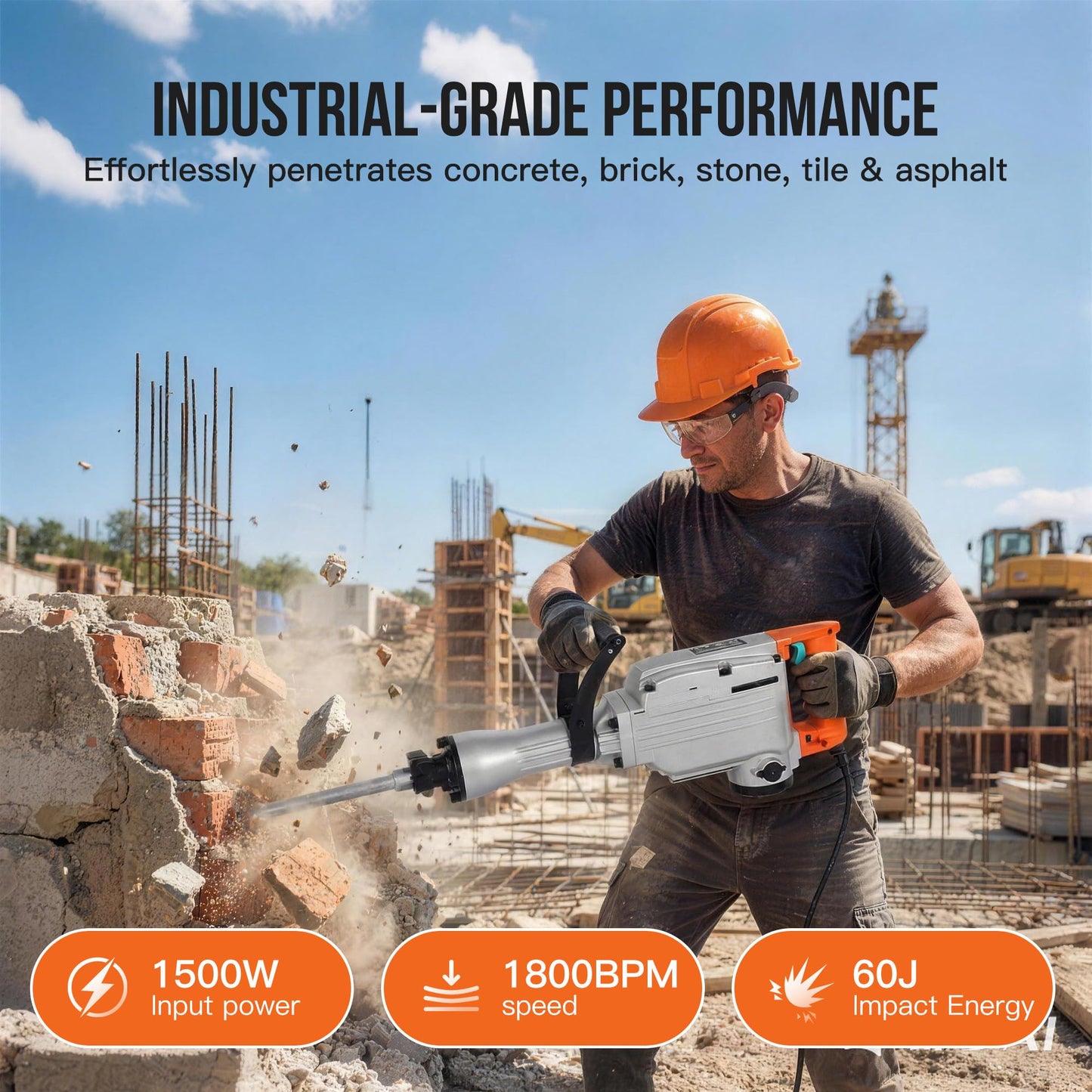 1500W Electric Demolition Jack Hammer, 1800 BPM Heavy Duty Concrete Breaker, 60J Impact Energy & Anti-Vibration System, 360° Handle, Carrying Case, 3 Point, Flat,100mm Flat Chisel