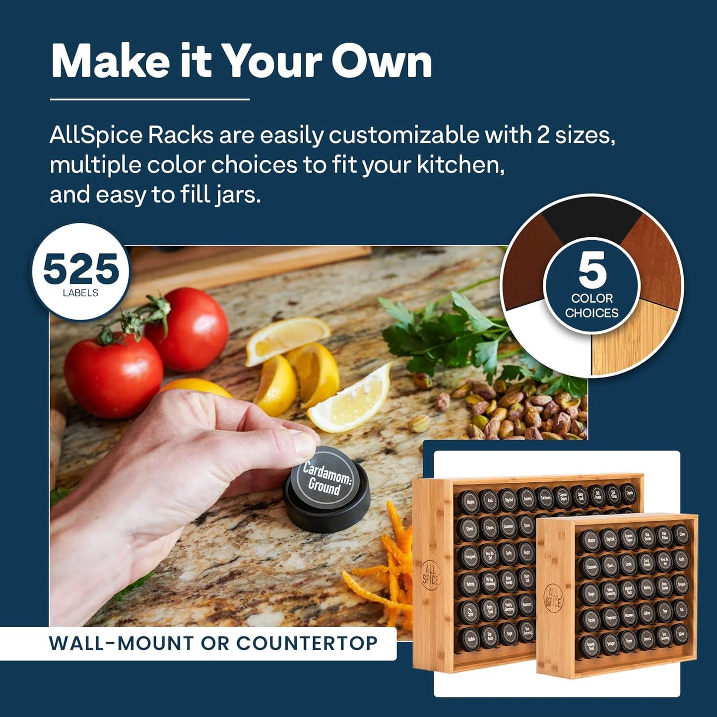 AllSpice Spice Rack Organizer - Bamboo Wood with 525 Unique Labels & 30 4oz Jars | Countertop or Wall Mount