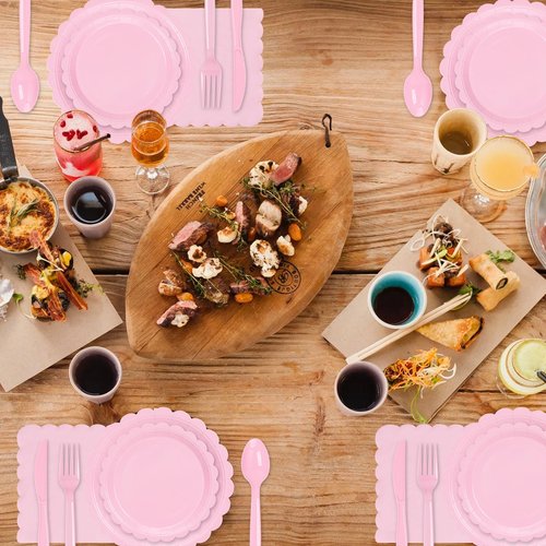168 Pcs Pink Paper Plates and Napkins, Light Pink Party Supplies Include Scalloped Plate Napkins Cups Forks Knives Disposable Plastic Cutlery for Xmas Dinner Plates Table Decorations