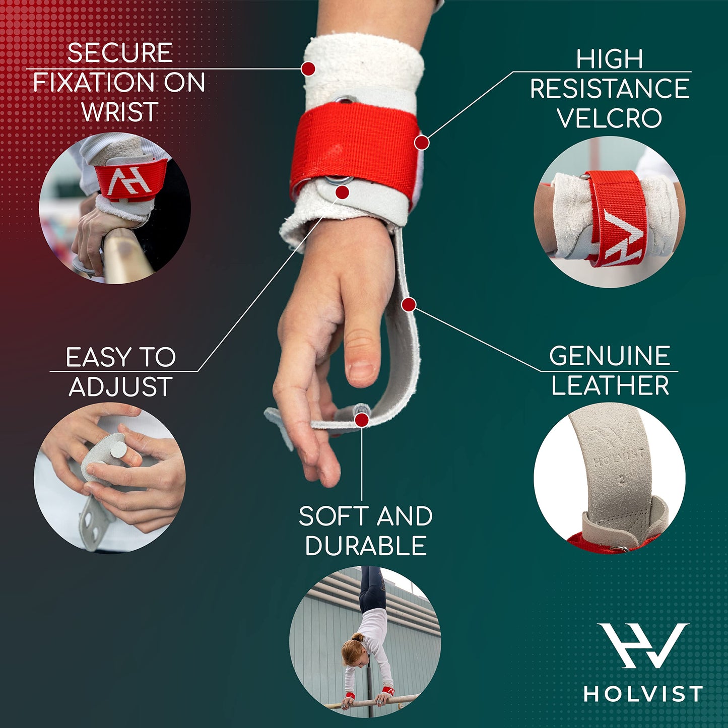 HOLVIST Gymnastics Grips | Leather Made Dowel Gymnastic Grips | Gymnastics Grips for Girls 10-12 | Hook & Loop Gymnastics Grips for Girls 7-9 | 2 Hole Womens Gymnastics Hand Grips (4, Red)