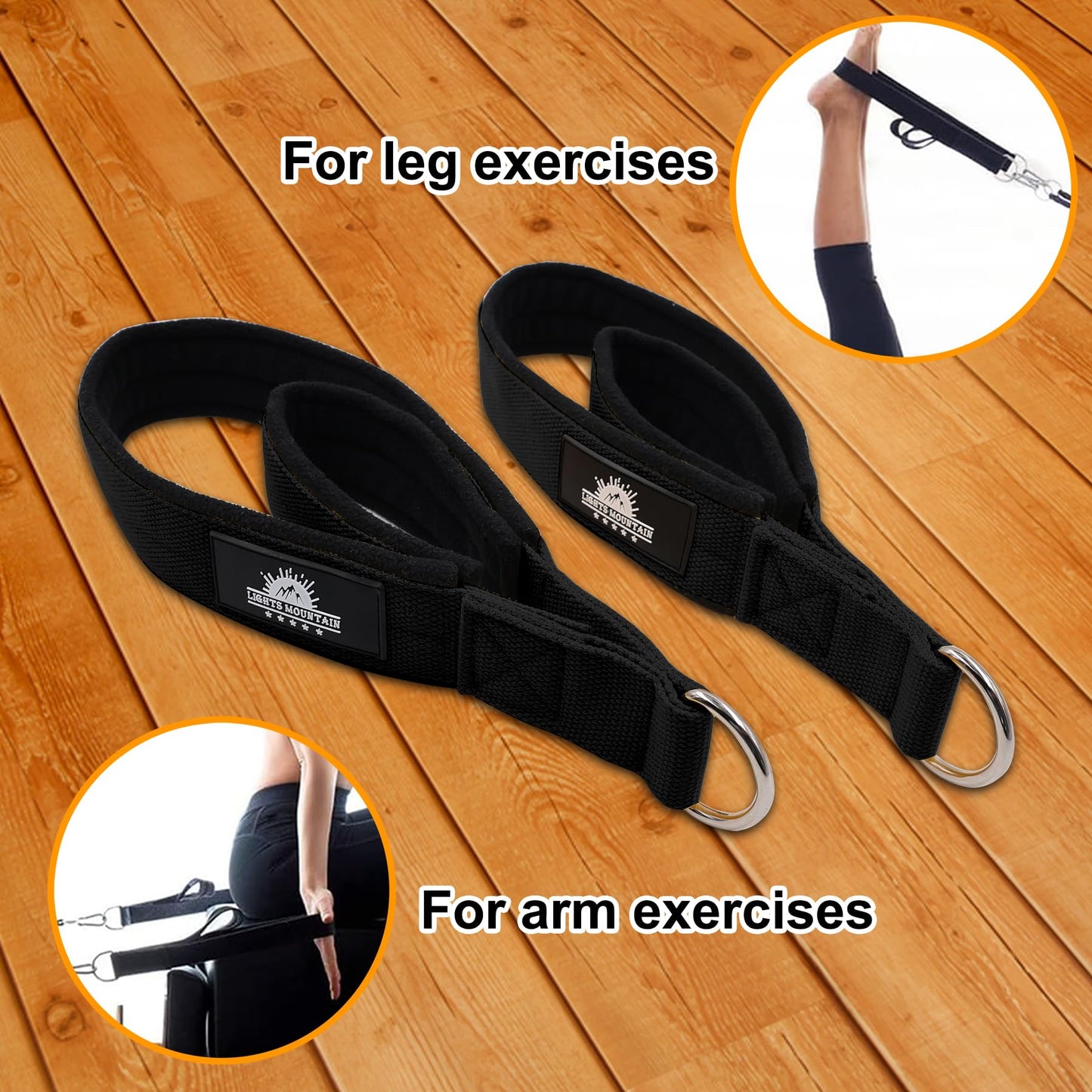 Lights Mountain Durable Pilates Double Loop D-Ring Straps - Padded Handles for Reformer, Yoga & Home Gym Workouts (black M)