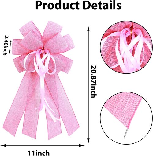 Large Pink Burlap Easter Wreath Bow - Spring Decorative Bow with String | 11.42 x 20.87 Inches