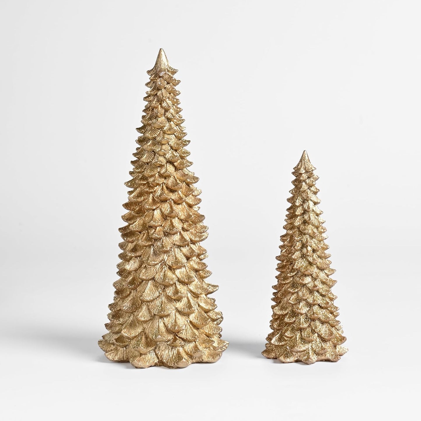 AOMOONOA Gold Christmas Tree Figurines - 2Pcs Resin Glitter Tabletop Decor | Small Xmas Trees Set