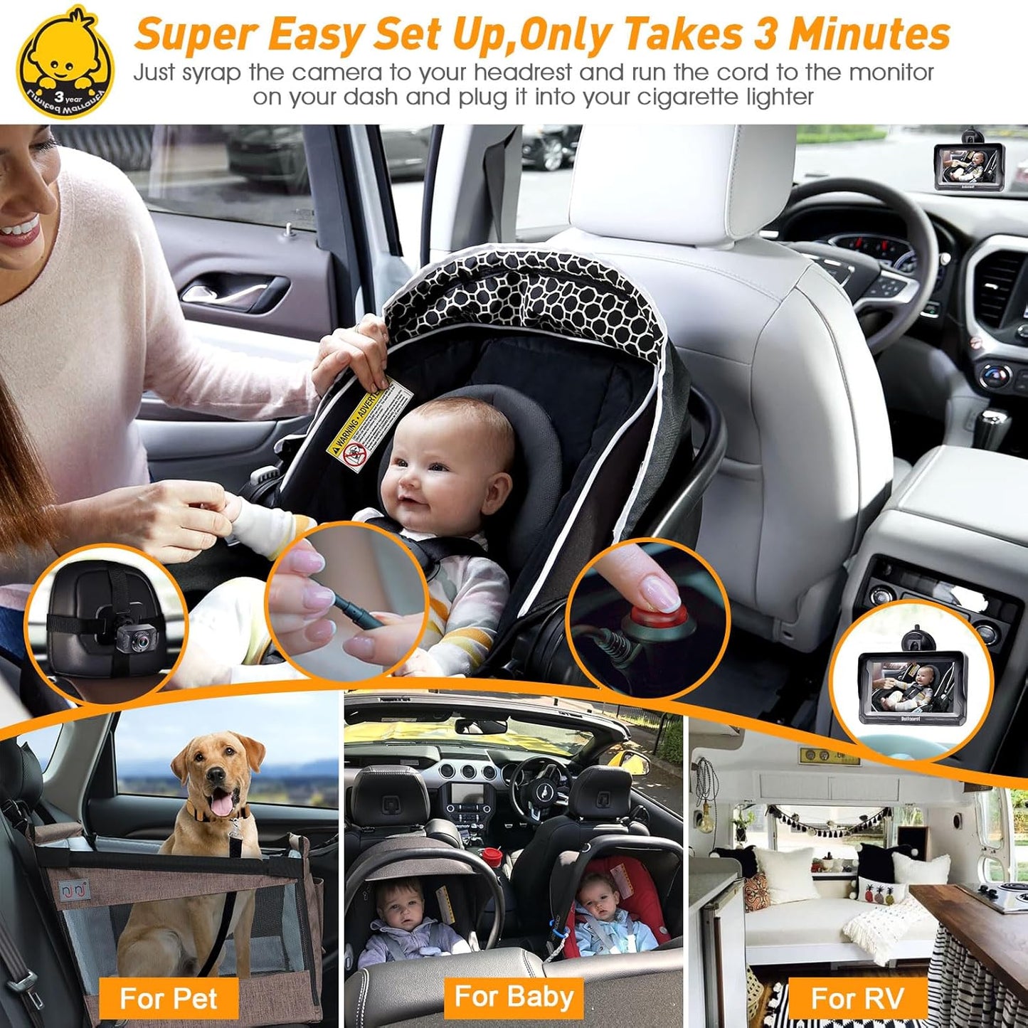 1080P Setup, DoHonest Baby Car Camera HD - Rear-Facing Car Baby Monitor with Night Vision, Adjustable View Angle, Easy