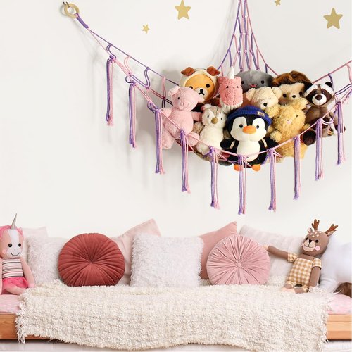 Mirolam Large Stuffed Animal Hammock - Corner Net Toy Storage Organizer for Girls' Room | Pink & Purple Boho Decor