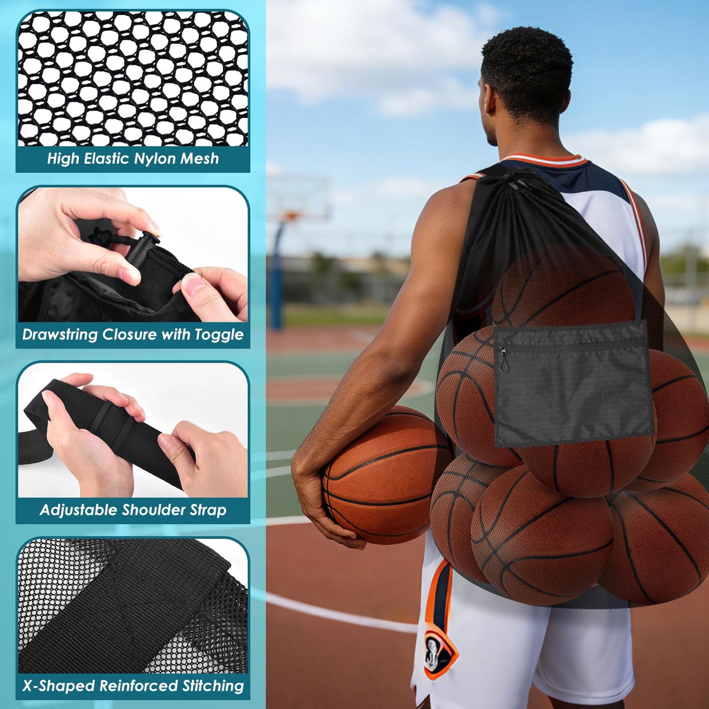 BROTOU 5PCS Extra Large Mesh Sports Ball Bags - Soccer Ball Bag Drawstring Bags with Shoulder Strap for Basketball, Volleyball, Swimming Gear (Black, 40"x30")
