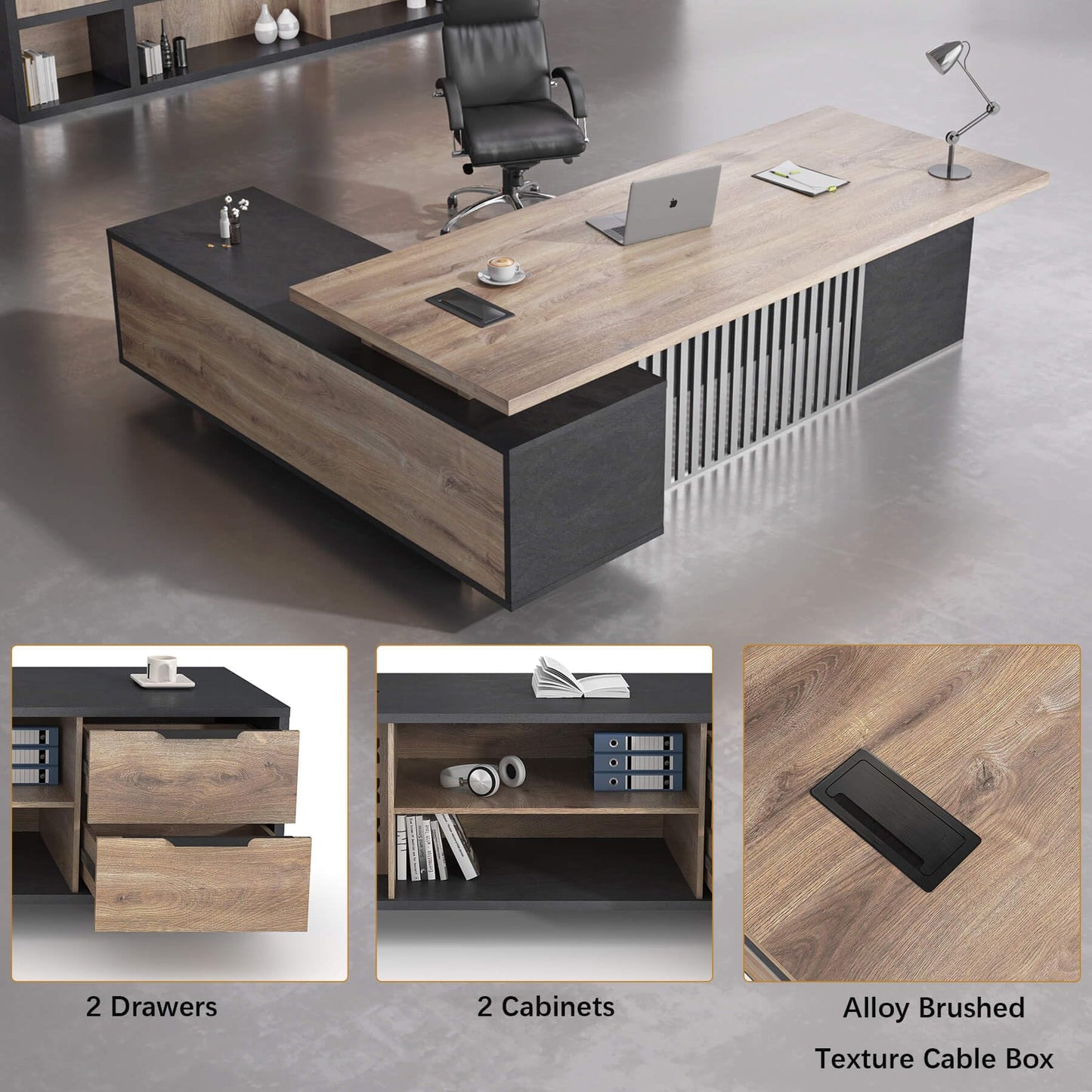ONNAHOMEStlyle Executive Desk with Privacy Panel, Large Office Desk for Small Business, Computer Desk with Drawers & Storage Cabinets, Thick One-Piece Tabletop (Right Return, 78.7")