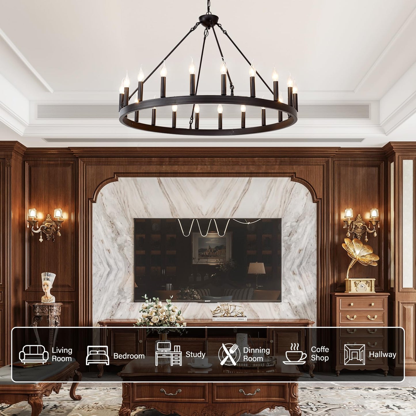 ZBMYRBZJ Black Wagon Wheel Chandelier 40 inch,20-Light Farmhouse Wagon Wheel Chandeliers Round Industrial Ceiling Light fixtures for Porch high Ceilings Living Dining Room Foyer Entryway