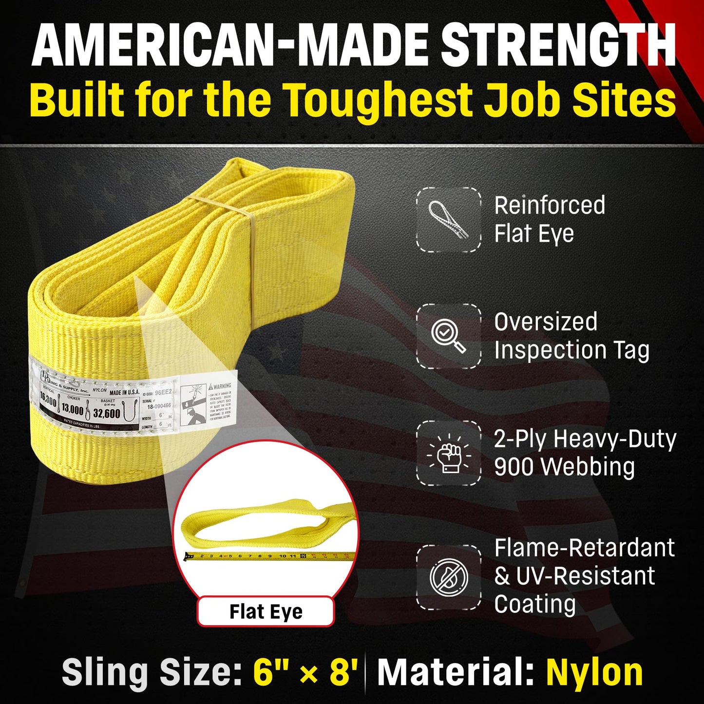 DD Sling 6 Inch x 8 Foot Nylon Lifting Sling – USA Made, 16,300 lb Vertical, 13,000 lb Choker, 32,600 lb Basket – 2-Ply Heavy Duty 900 Webbing, Type 3 Flat Eye & Eye Rigging Sling