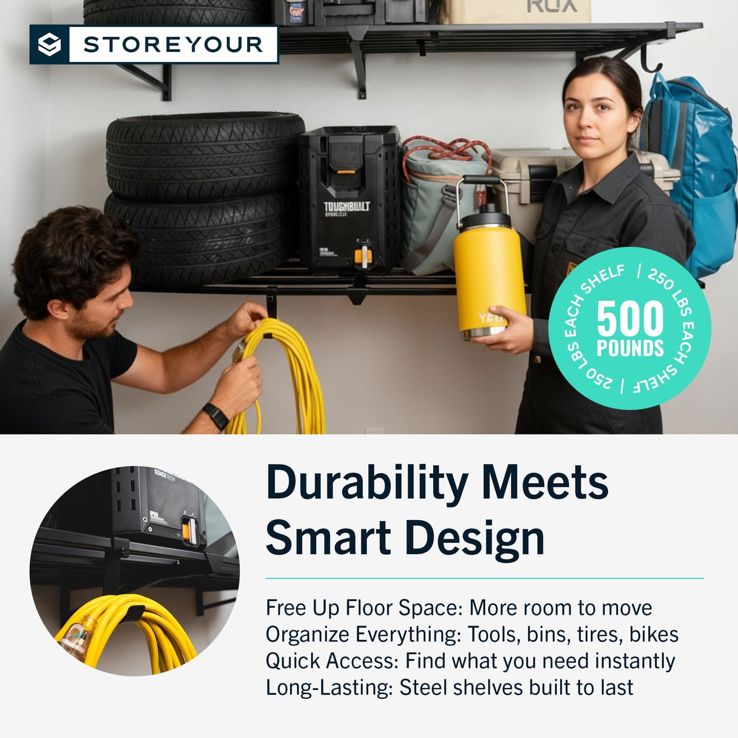 StoreYourBoard Garage Shelving Wall Mounted | 2x6 Heavy Duty Garage Wall Shelves 2-Pack, 24” Deep x 71” Long | Steel Garage Storage Rack Wall Mounted with Hooks, 250lb Each/500lb Total Capacity, Black