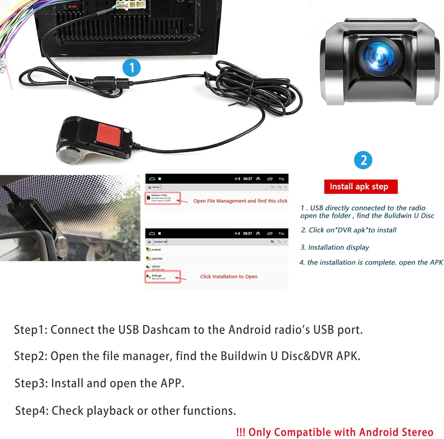 METEESER 64GB 24Hours USB Car DVR Camera Video Recorder, USB Dash Cam, WDR Full HD Dash Camera Car Driving Recorder