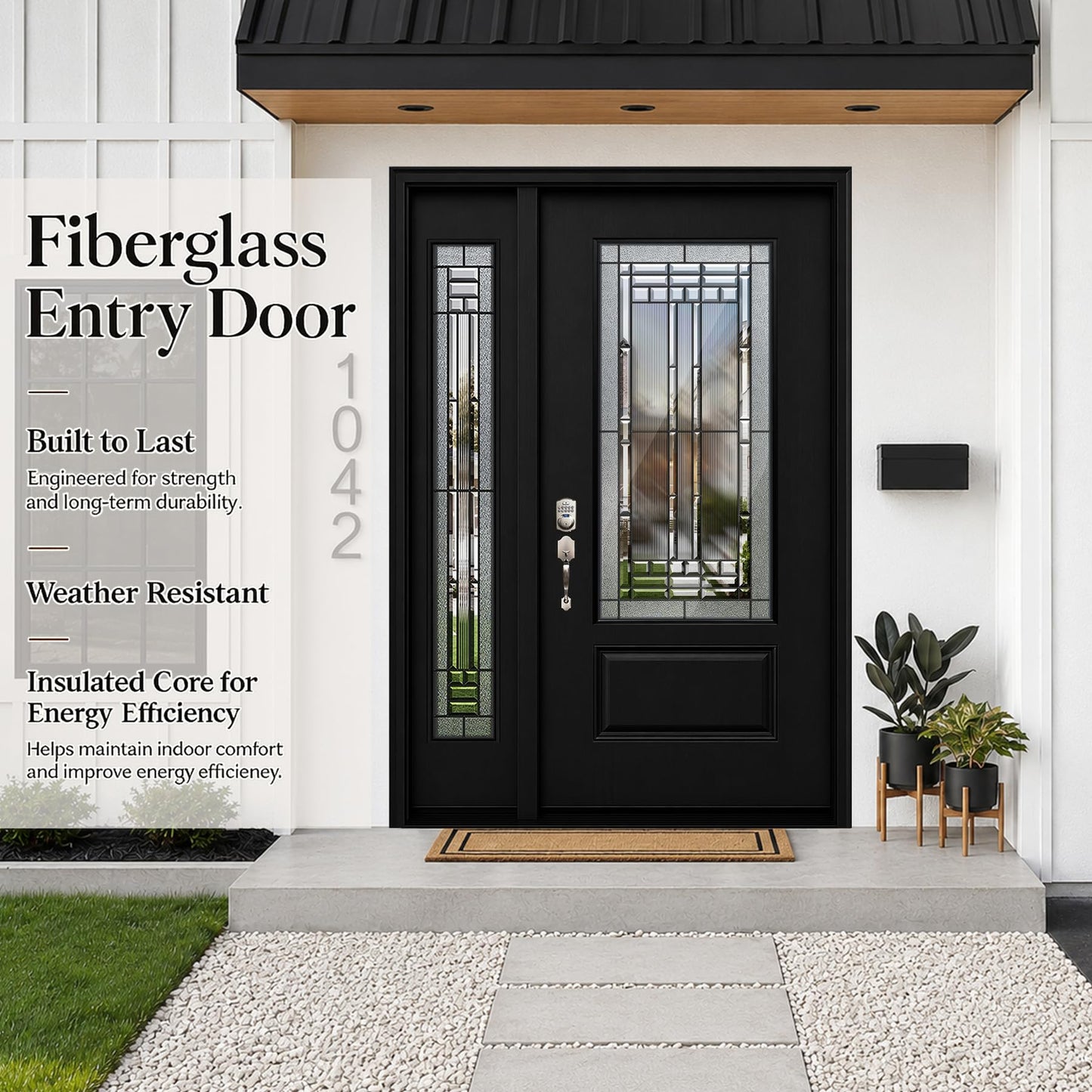 53x80in Fiberglass Front Door with 14in Sidelight, Black Exterior Entry Door for Home, Right-Hand Inswing, Textured Finished with Decorative Glass Knock-Down Door, Vinyl Frame and Brickmould Included