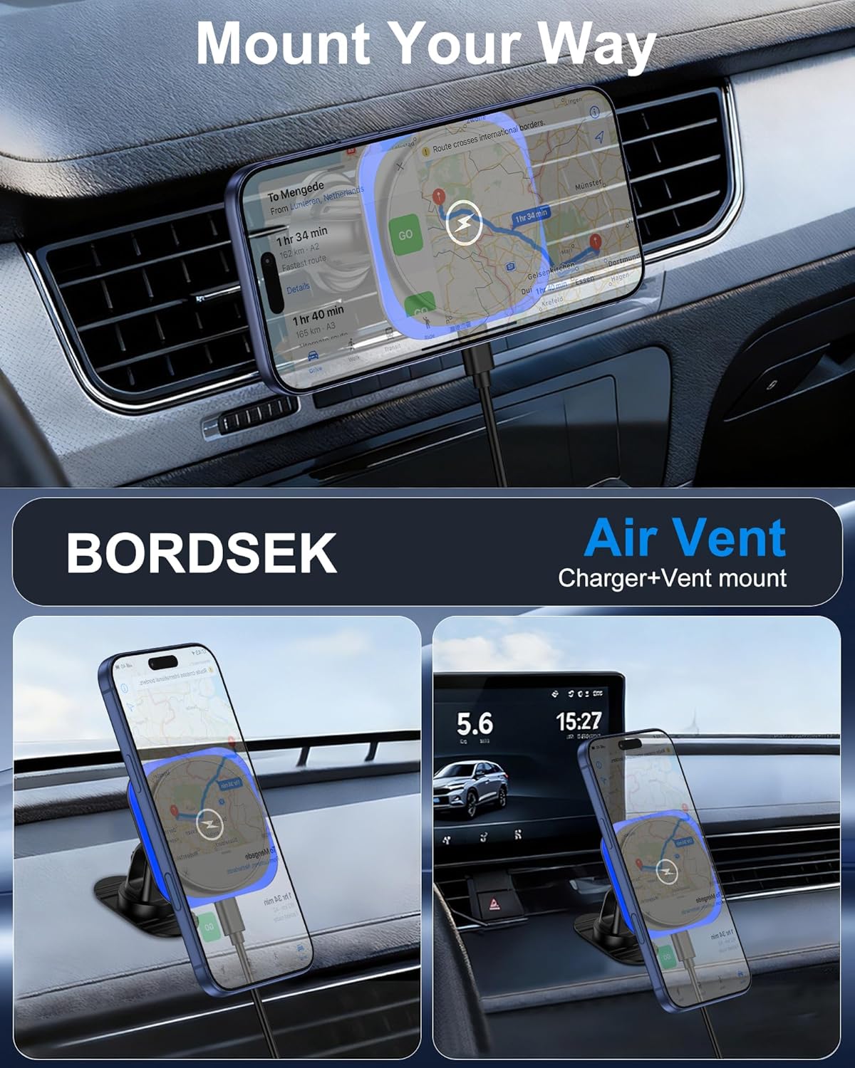 Bordsek 15W 17e 16 15 14 13 12 Max/17 S26/S25 MagSafe Car Mount Charger,Magnetic Wireless Car Charger,Air Vent