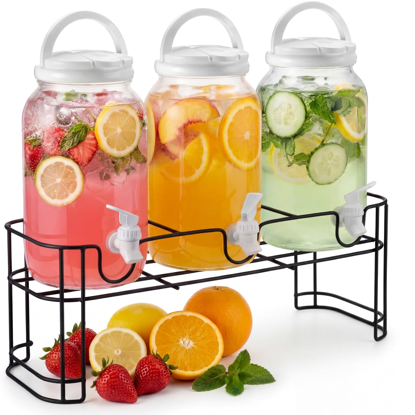 Tanlade 3 Pcs Plastic Drink Dispenser with Stand Beverage Dispenser with Sturdy Metal Base Juice Dispensers for Parties Lemonade Jar Spigot for Weddings Countertop, Each 1 Gallon(White)