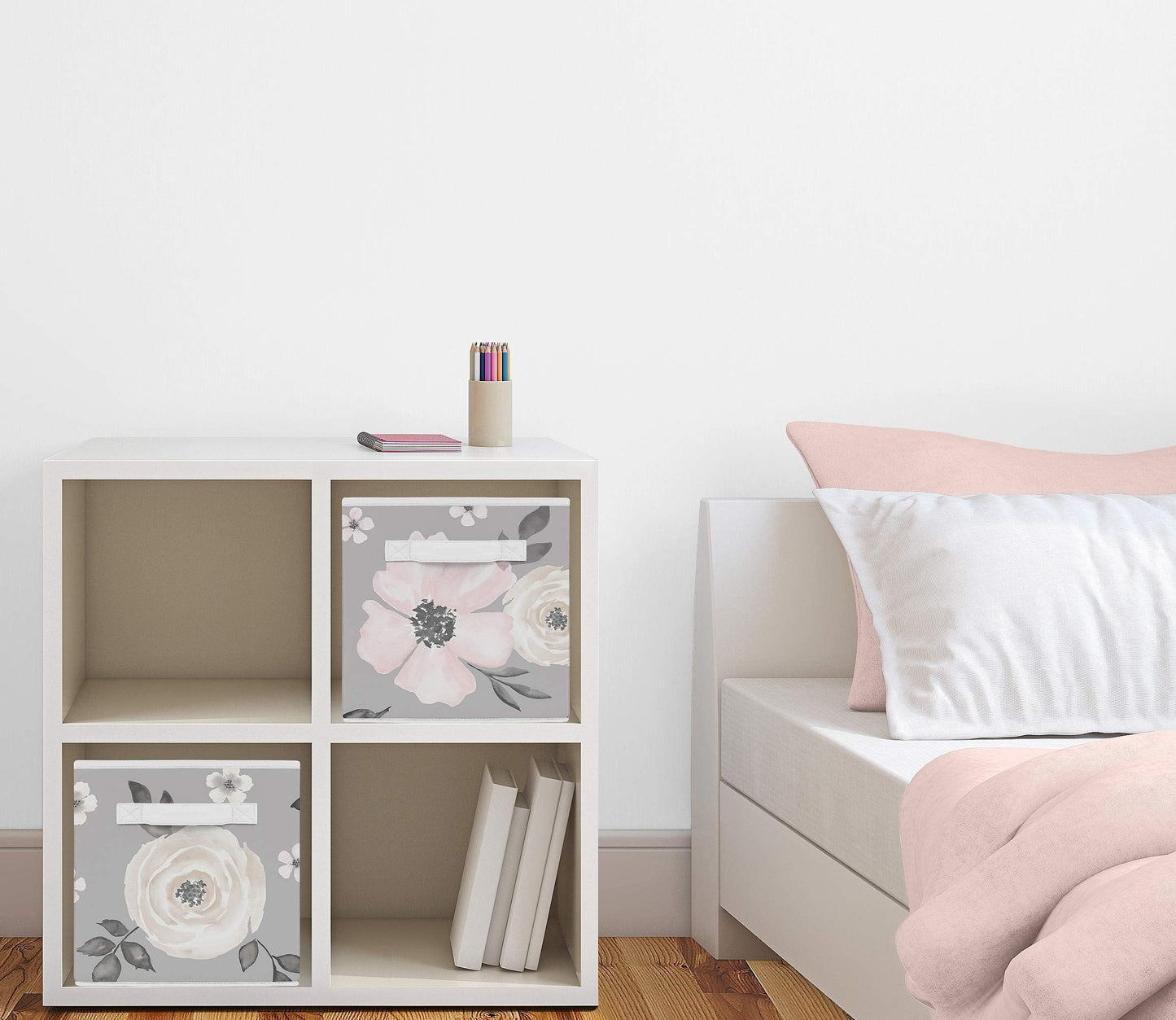 Sweet Jojo Designs Grey Watercolor Floral Foldable Fabric Storage Cube Bins Boxes Organizer Toys Kids Baby Childrens - Set of 2 - Blush Pink Gray and White Shabby Chic Rose Flower Farmhouse